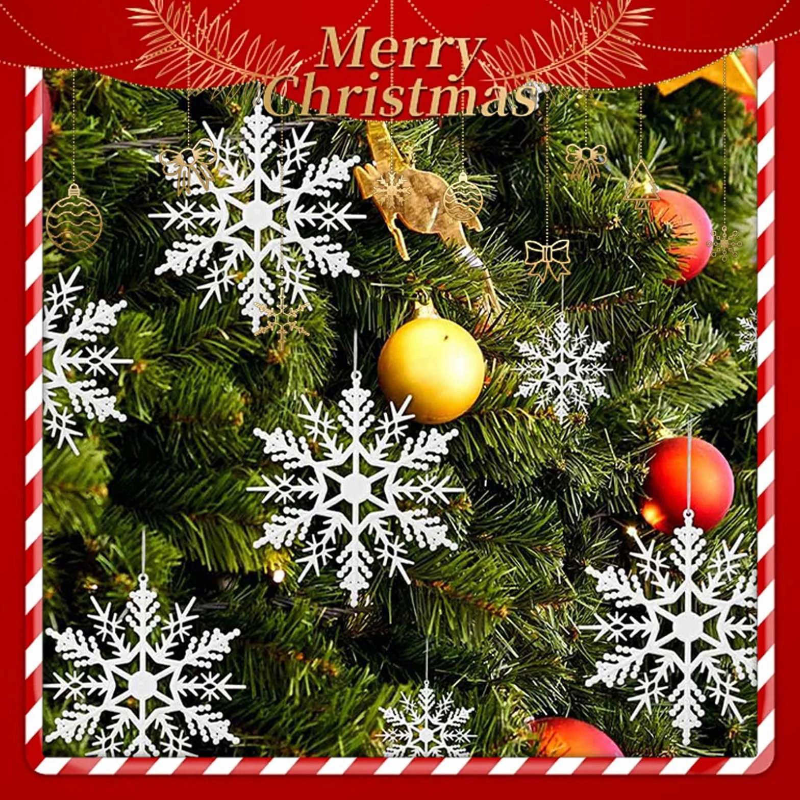 Copos De Nieve Decoracion, 24 Piezas Blanco Brillante Adorno Colgante Arbol Navidad Fiesta Invierno