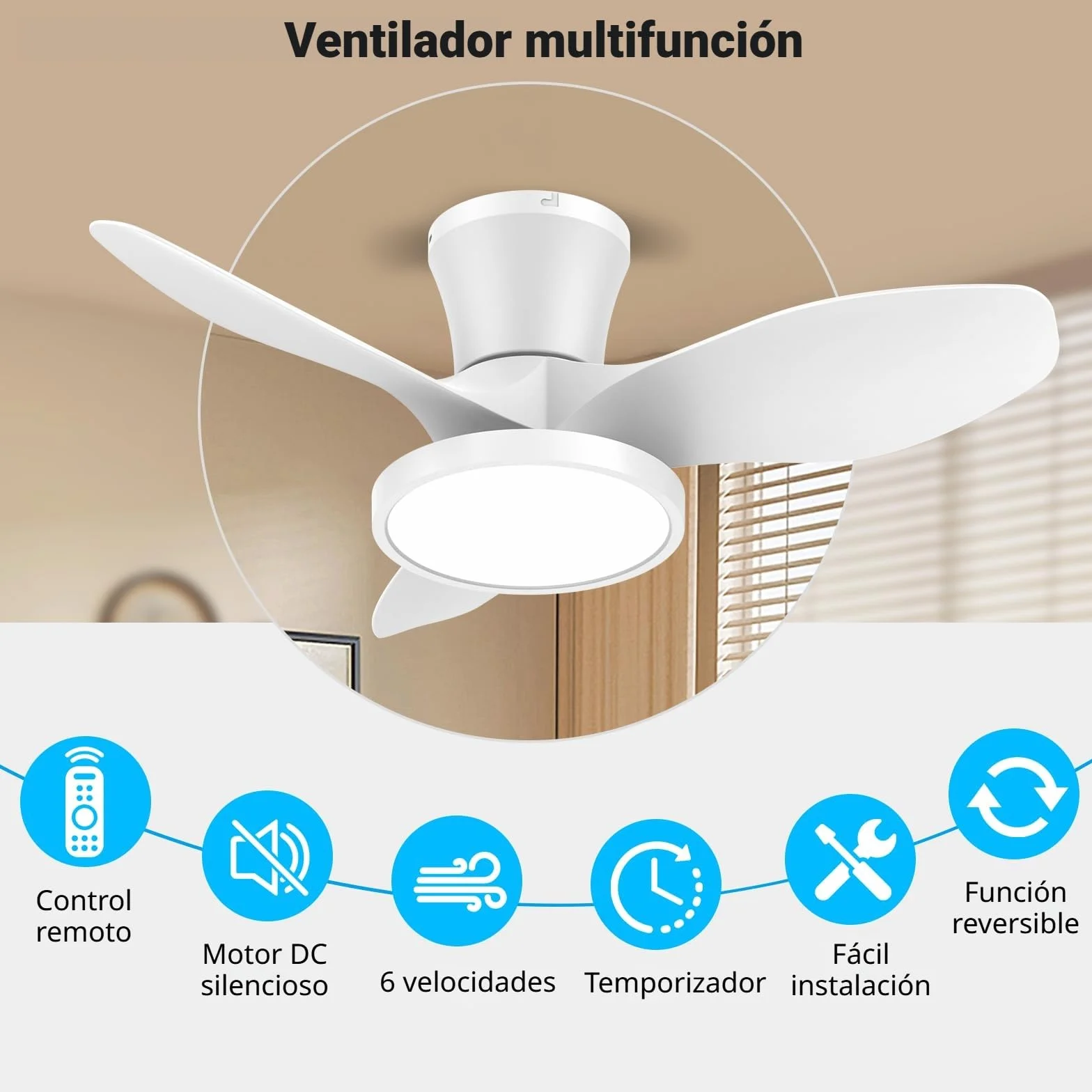 ocioc Ventilador de Techo LED 81cm Blanco Mando a Distancia Motor DC Reversible 6 Velocidades