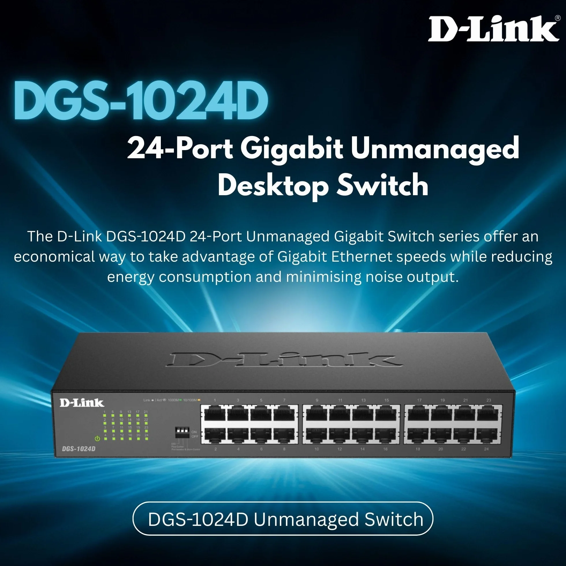 D-Link DGS-1024D - Switch 24 Puertos Gigabit (LAN RJ-45, sin gestión, 1000 Mbps por Puerto, QoS, Carcasa metálica, Montaje en Rack para pymes) Color Negro y Plata