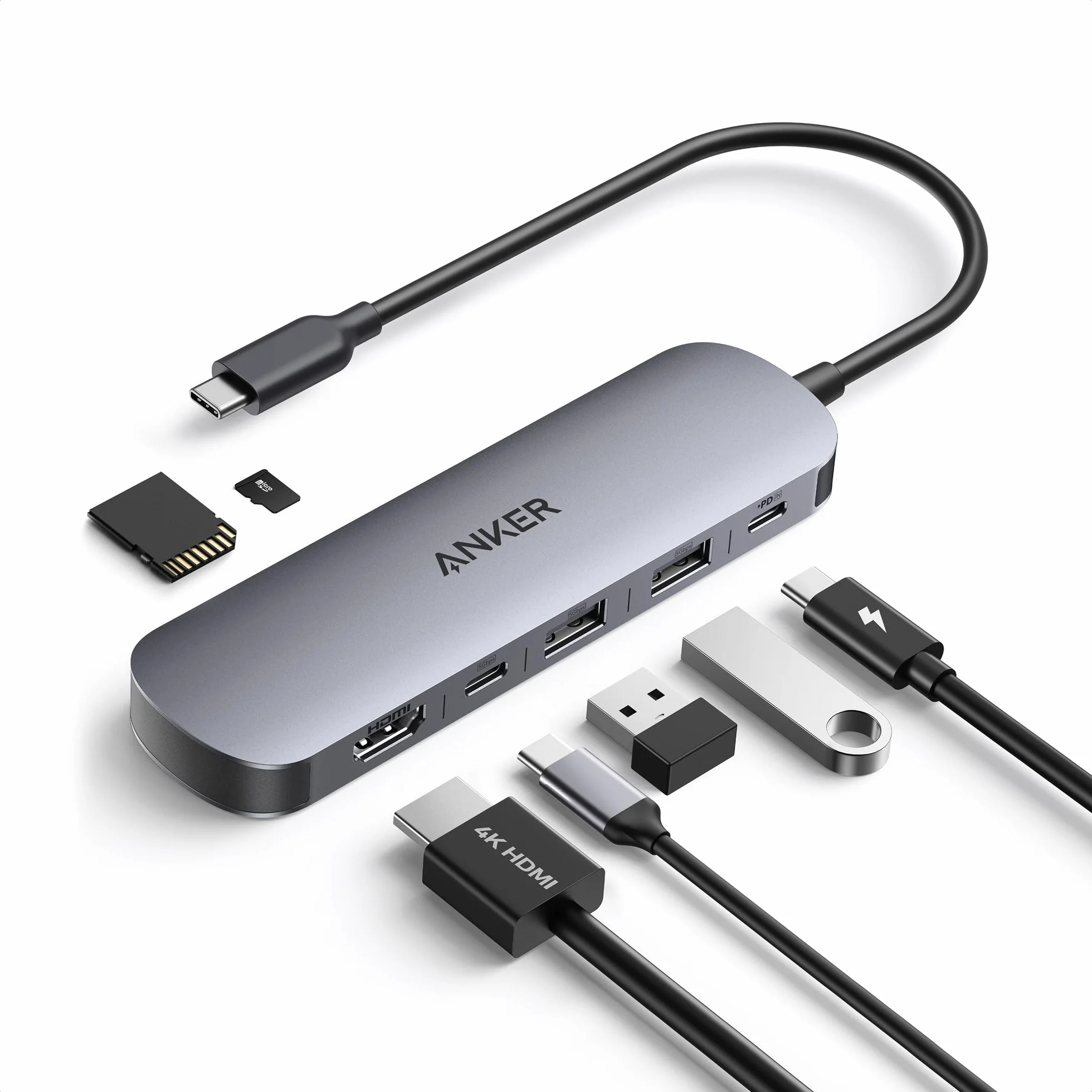 Anker Hub USB C 7 en 1 Concentrador, Adaptador Tipo C Multipuerto, Divisor USB HDMI 4K a60 Hz, Potencia máx de 100W, 3 Puertos de Datos USB A y USB-C 3.0, Tarjeta SD/TF, Tipo C (Cargador no Incluido)