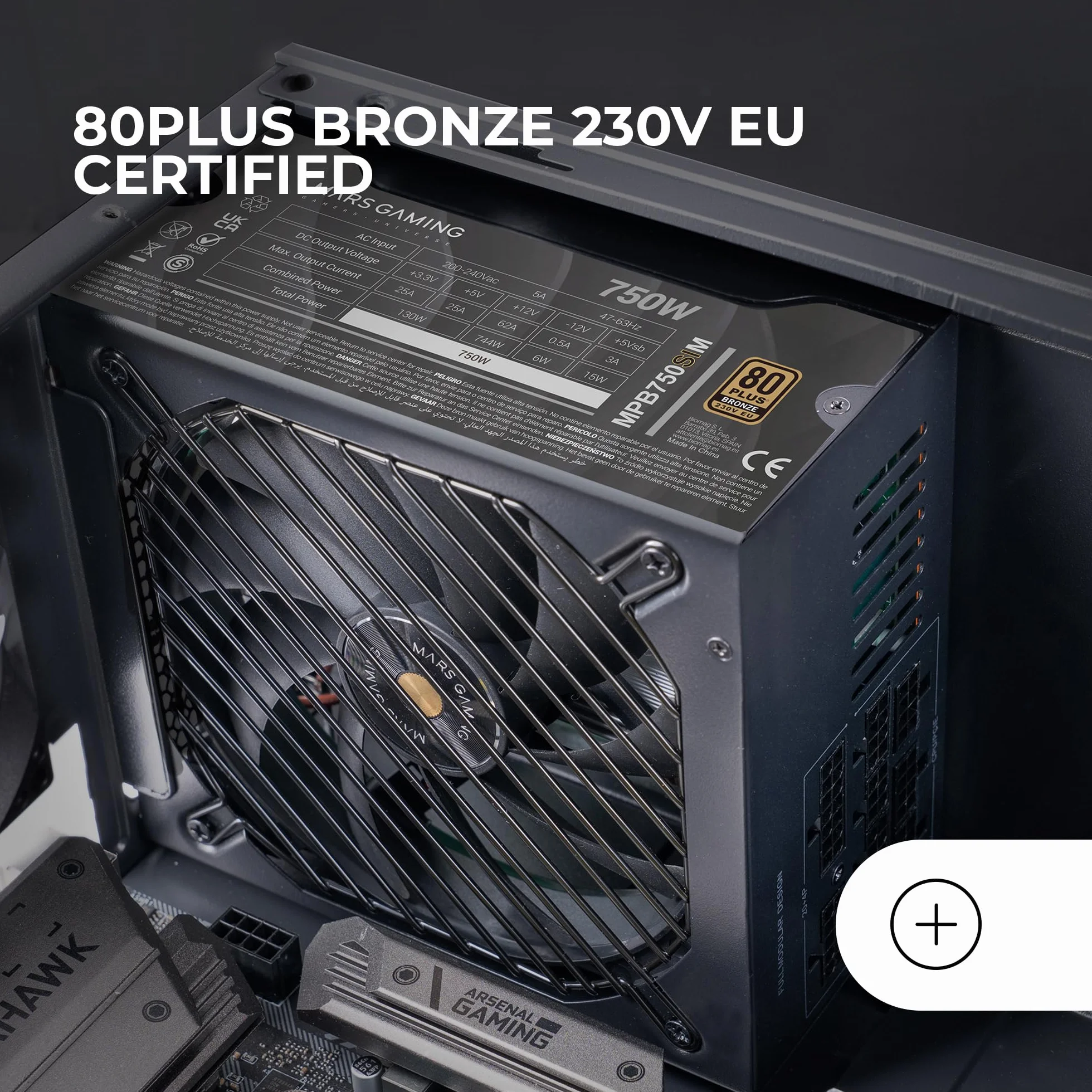 Mars Gaming MPB750SIM, Fuente Alimentación Full Modular ATX 750W, 7 Años Garantía, 80Plus Bronze 230V EU, 90% Eficiencia, Ventilador SI Extreme Silence 140mm, Tecnologías AI2-RPM, DC-DC y SMD, Negro
