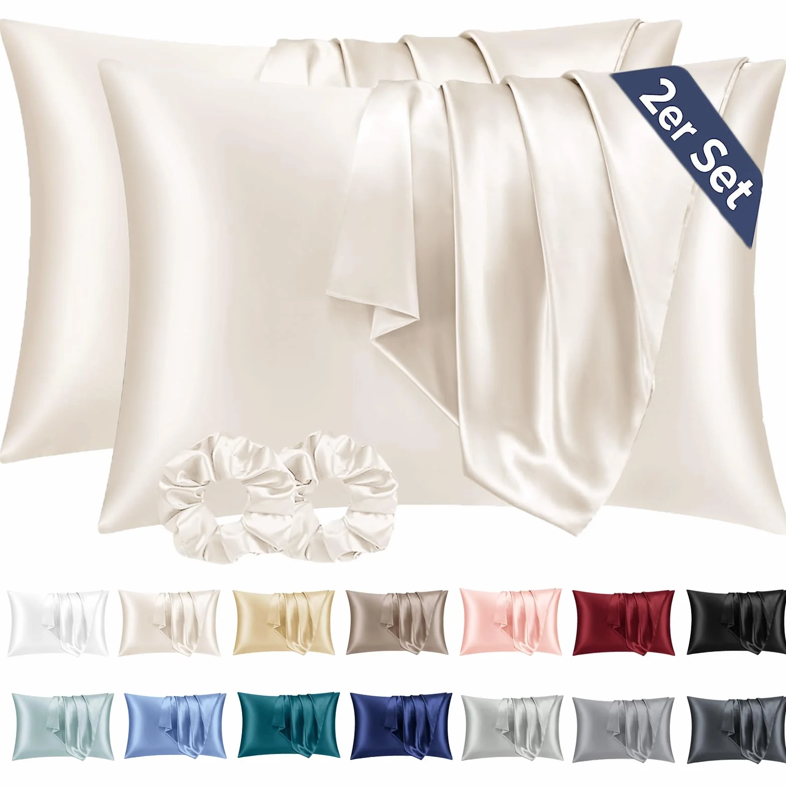 Funda de almohada de raso 40x80 cm beige con gomas
