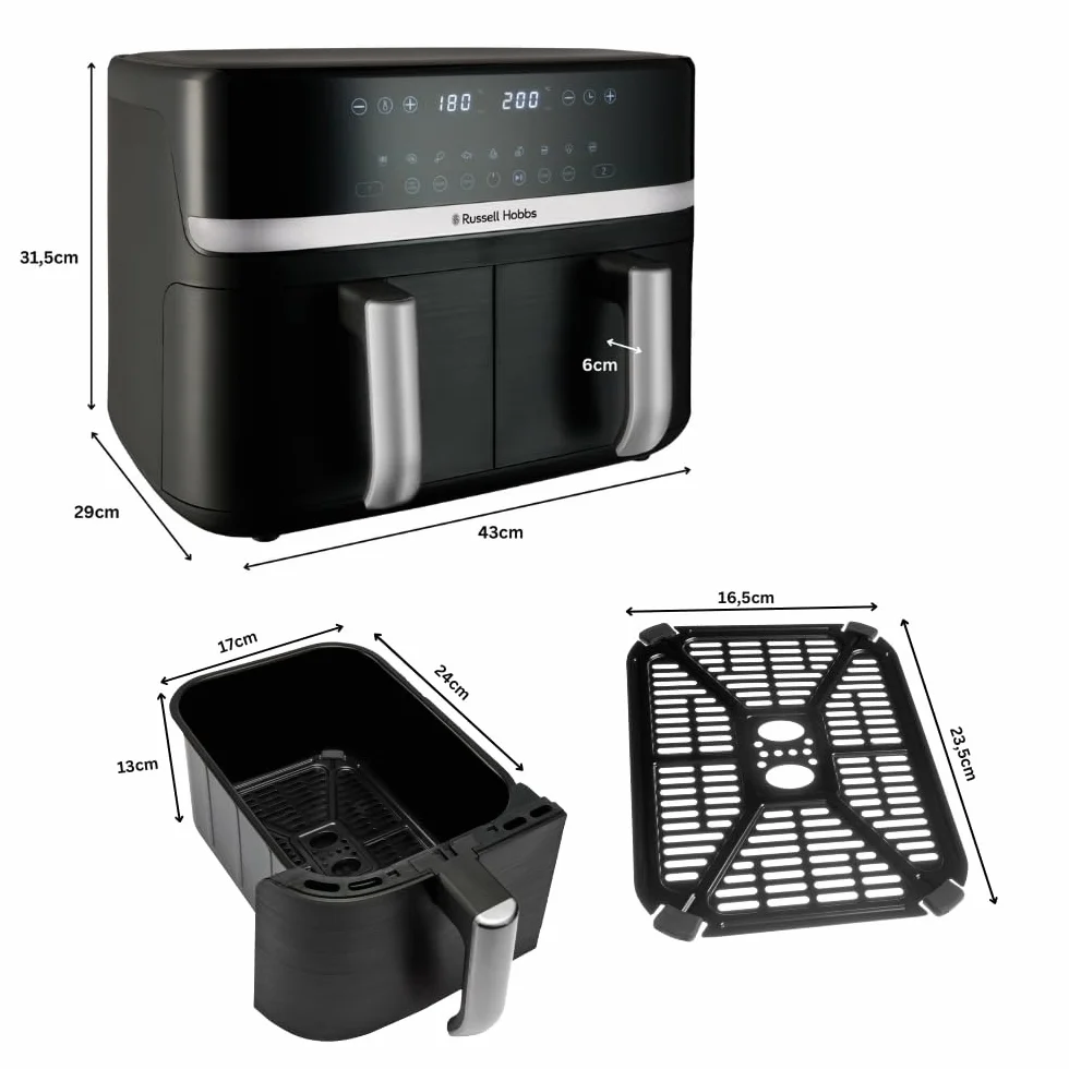 Russell Hobbs freidora de aire doble cesta 9L 2800W 200°C 9 programas Rapid Air táctil Satisfry 27681-56