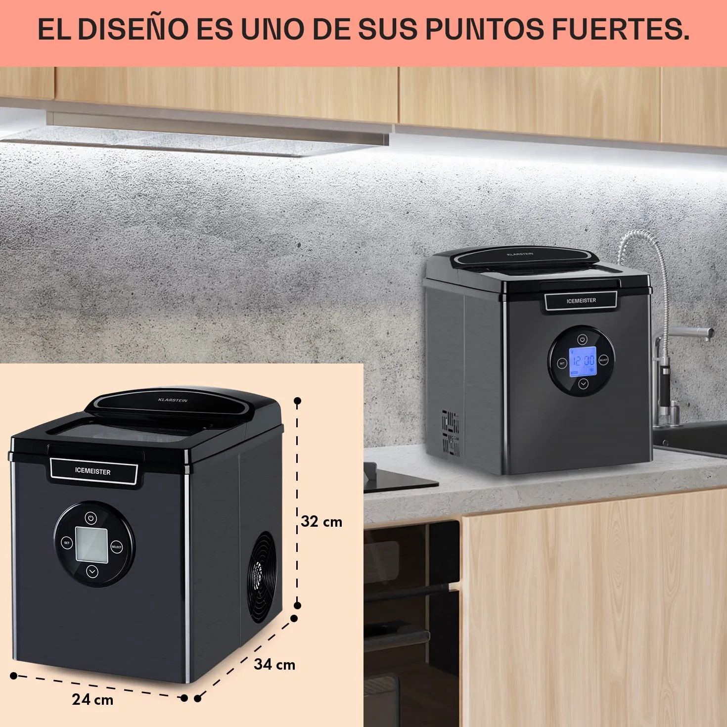 Klarstein Máquina de Hielo Portátil 2,5L 12 kg Auto Limpieza Pantalla LCD