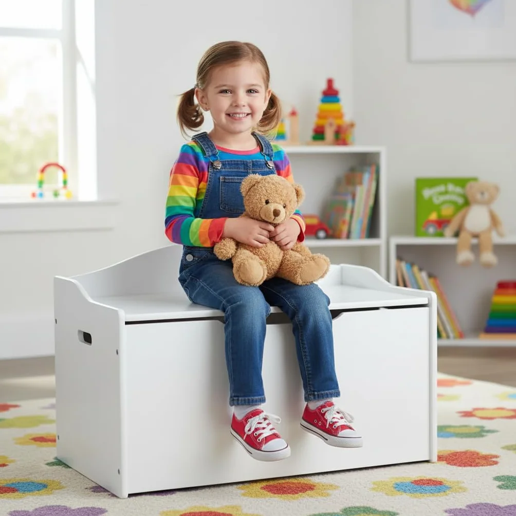 Leomark Caja de Madera Banco Almacenamiento Juguetes 68 x 42 x 46 cm Blanco