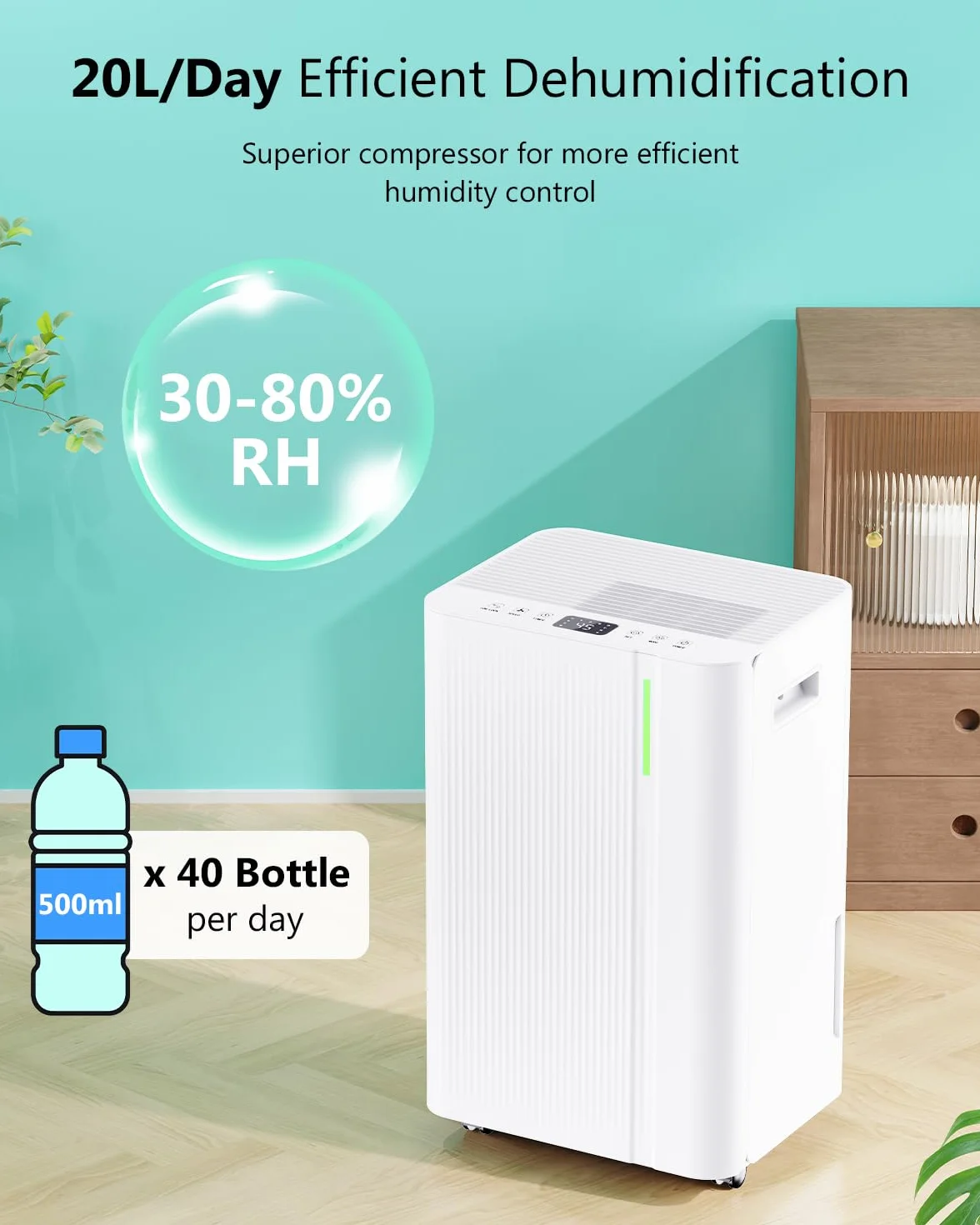Deshumidificador 20L/Día Eléctrico con Compresor, 3 Modos, Silencioso, Bajo Consumo, Drenaje Continuo, Depósito 5L, Temporizador 24H