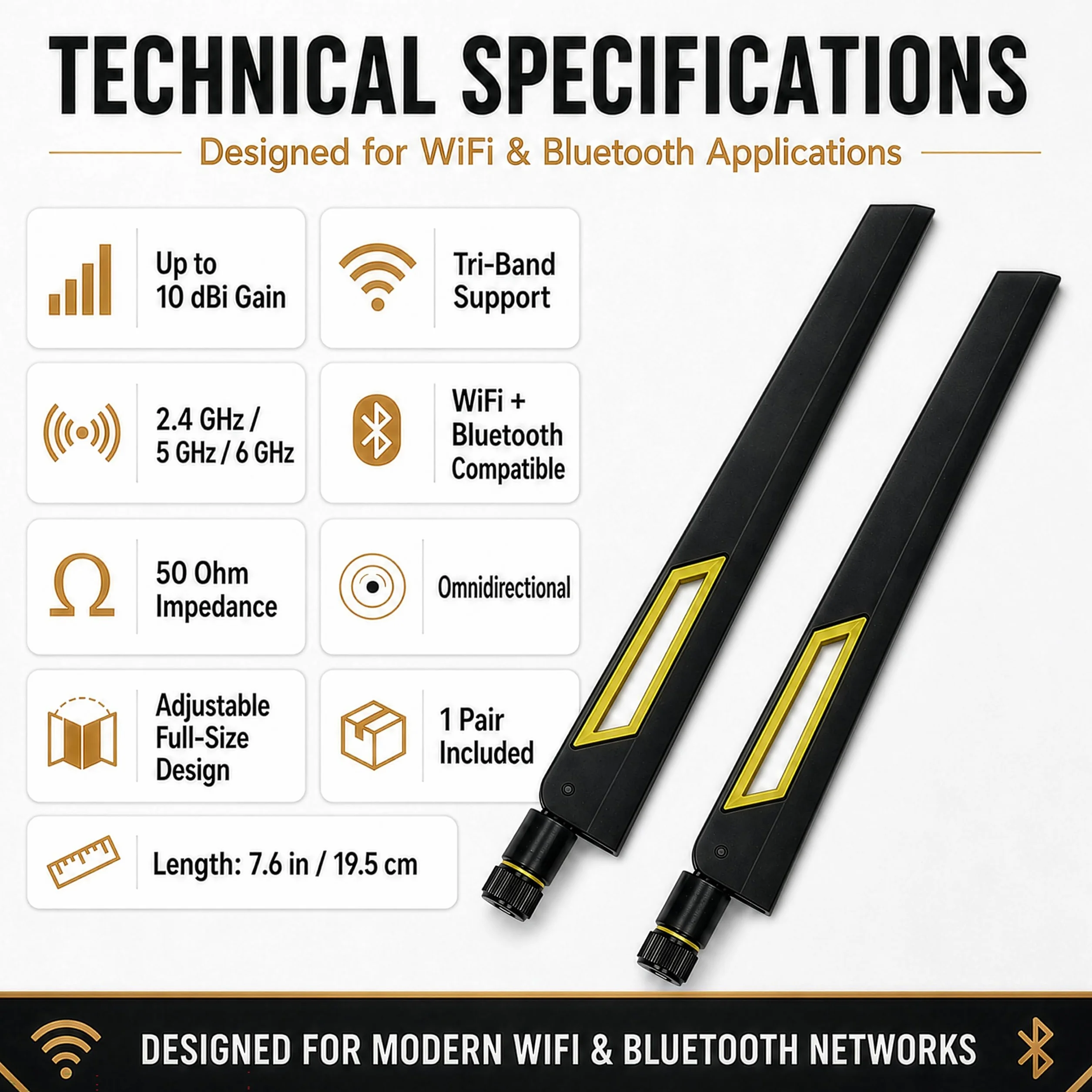 Black and Gold 10dBi Dual Band Signal Booster Wi-Fi Antennas (2.4GHz/5GHz-5.8GHz) with SMA Male Connector for Wireless Camera, Router, Hotspot - 2 Pack