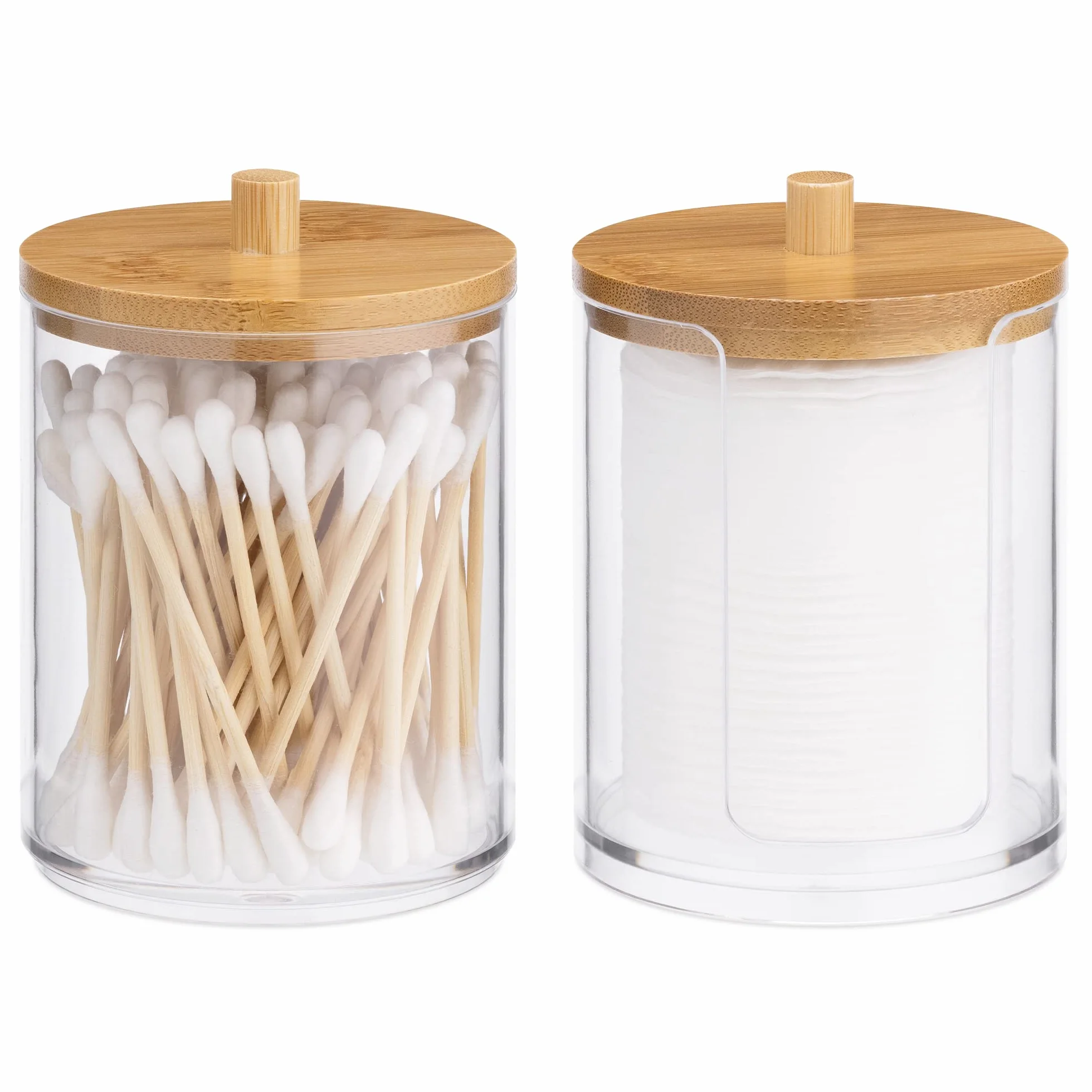 Navaris Dispensador Discos desmaquillantes - 1x Organizador bastoncillos y 1x dispensador de algodones desmaquillantes - Botes organizadores de baño apilables con Tapa de bambú