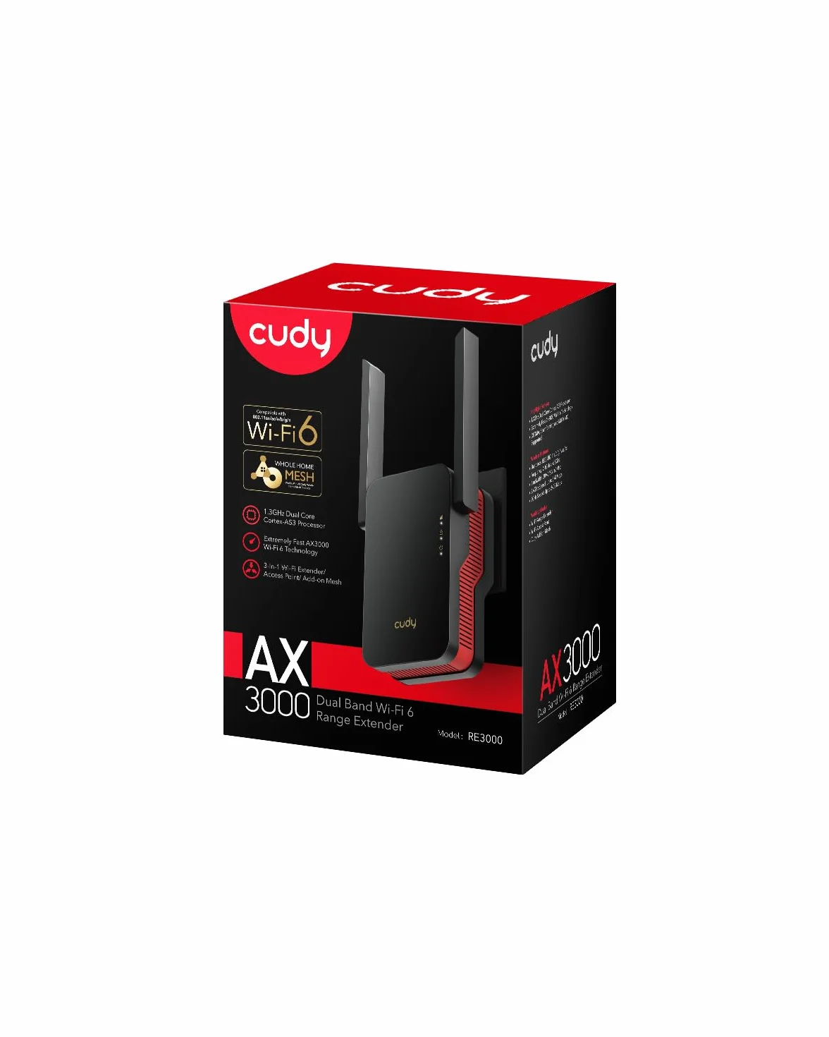 Cudy AX3000 Repetidor WiFi 6 Doble Banda, Extensor y Amplificador WiFi con Cobertura hasta 280 m² para 70 Dispositivos, 802.11ax, 160 MHz, MU-MIMO, Beamforming, OFDMA, WPA3