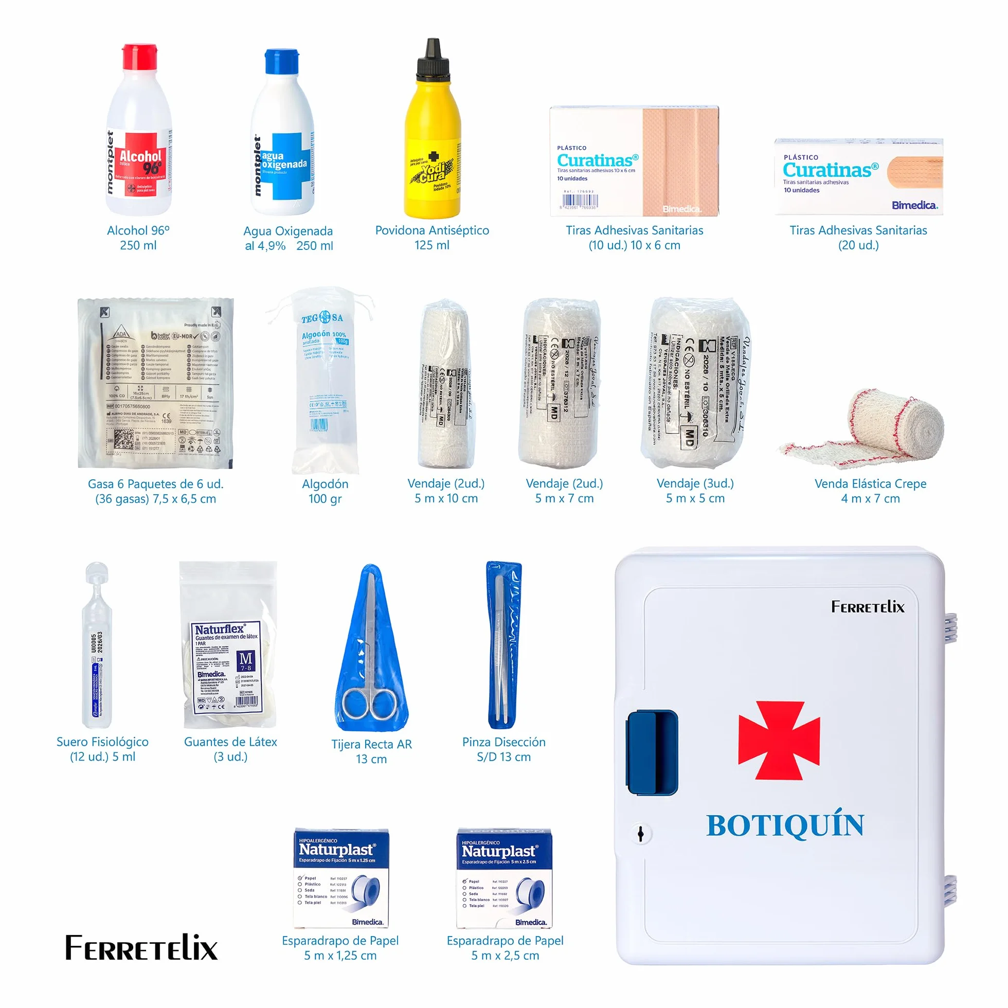 Ferretelix® Armario botiquin pared con llave 40x30x16 cms equipado curas + Cartel PVC 224x300 clase B homologado