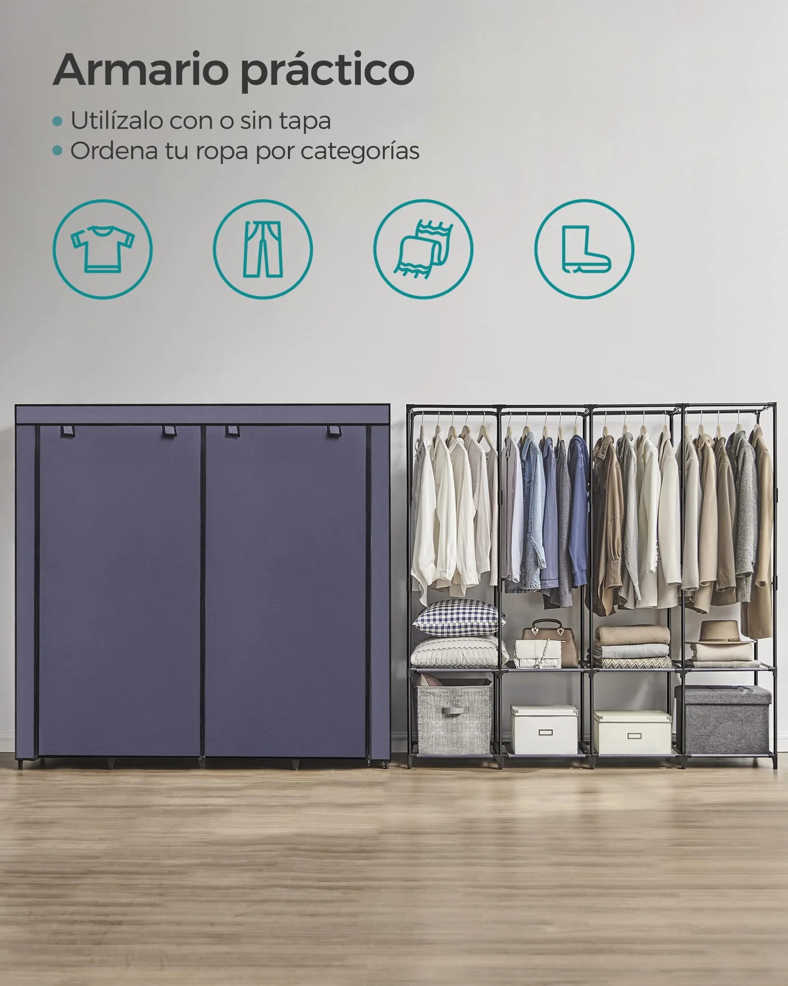 SONGMICS Armario 4 Barras de Ropa Estantes 45x170x167 cm Azul Oscuro