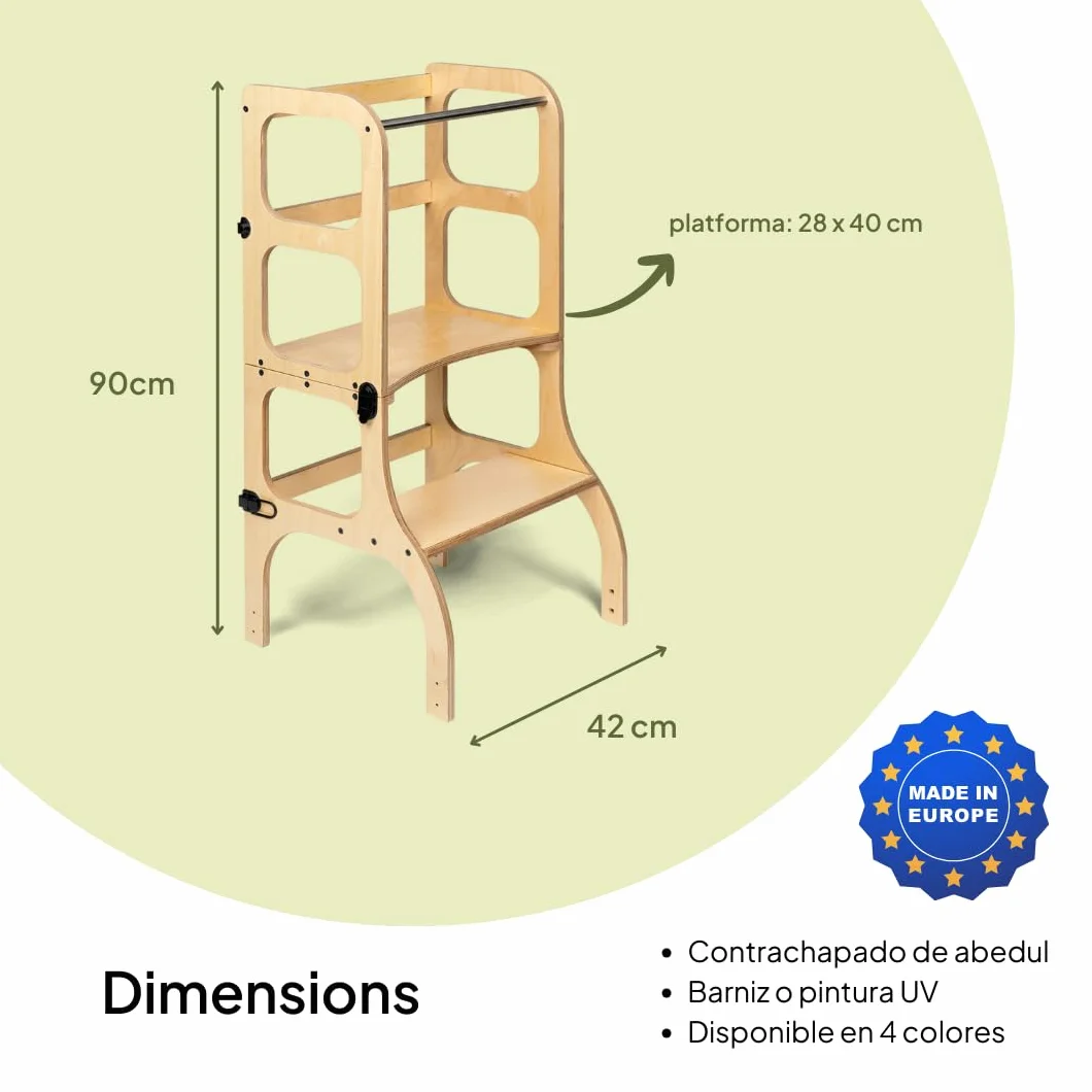 Ette Tete Step’n’Sit® Montessori Torre Mesa de Aprendizaje Convertible 2 en 1 con Cierres de latón Antiguo Madera