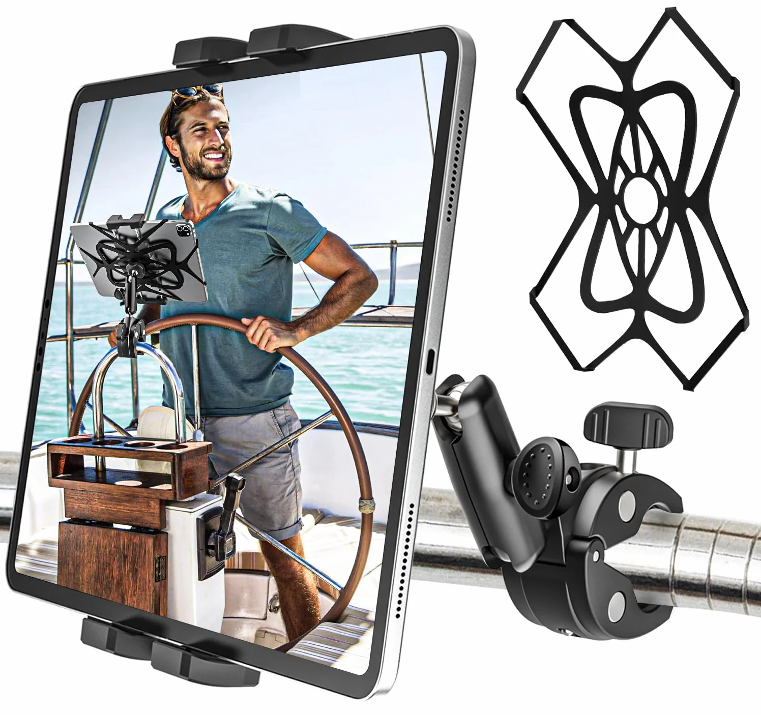 Soporte Tablet Barco Metal Resistente, Soporte iPad Timon Barco Yacht | con Brazo de Aluminio, Polo Barra Tubo Manillar Abrazadera Bicicleta para Tablets y Móvils, de 4-13" (Con Correa Anticaídas)