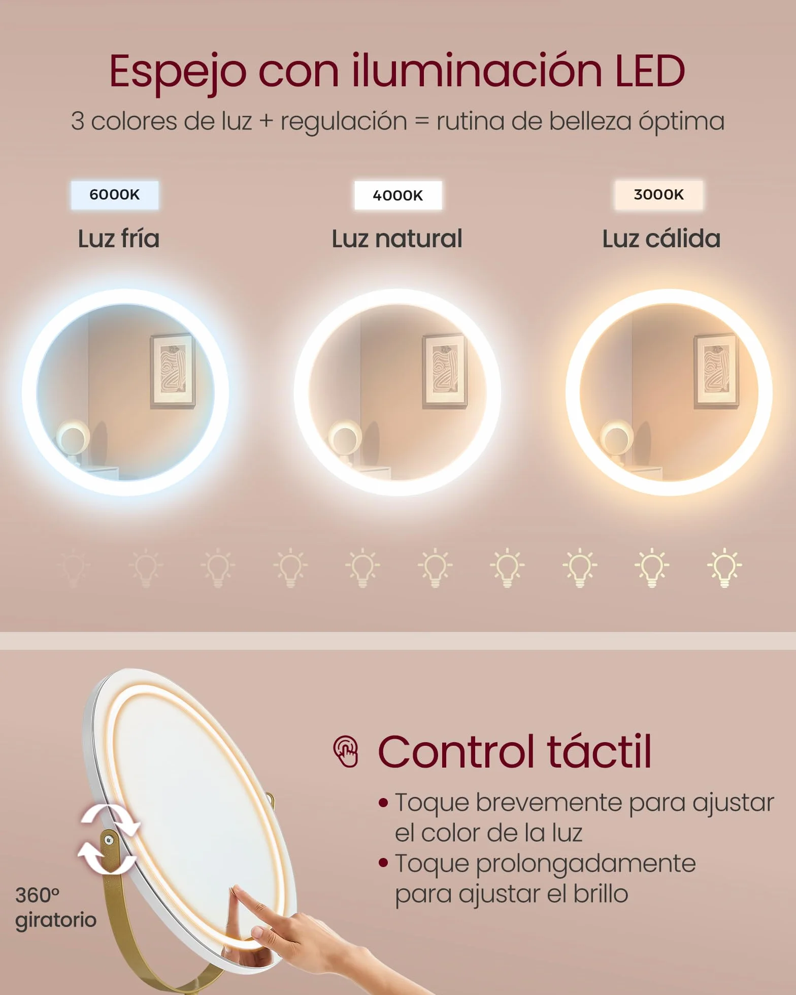 VASAGLE Tocador con Taburete e Iluminación Espejo Giratorio 40 x 100 x 134,8 cm Blanco Mate y Dorado Pálido