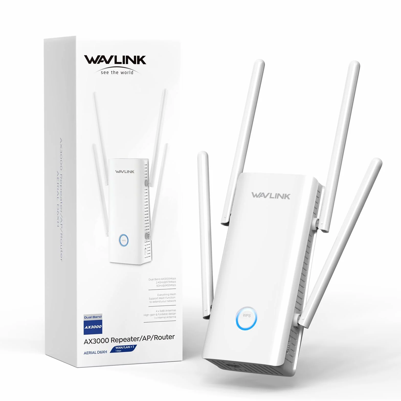 WAVLINK Repetidor WiFi 6 Largo Alcance para Casa, Amplificador Señal WiFi AX3000 con Puerto Ethernet, Extensor WiFi de Doble Banda con Antenas 5 * 5dBi Cobertura hasta 3000sq.ft