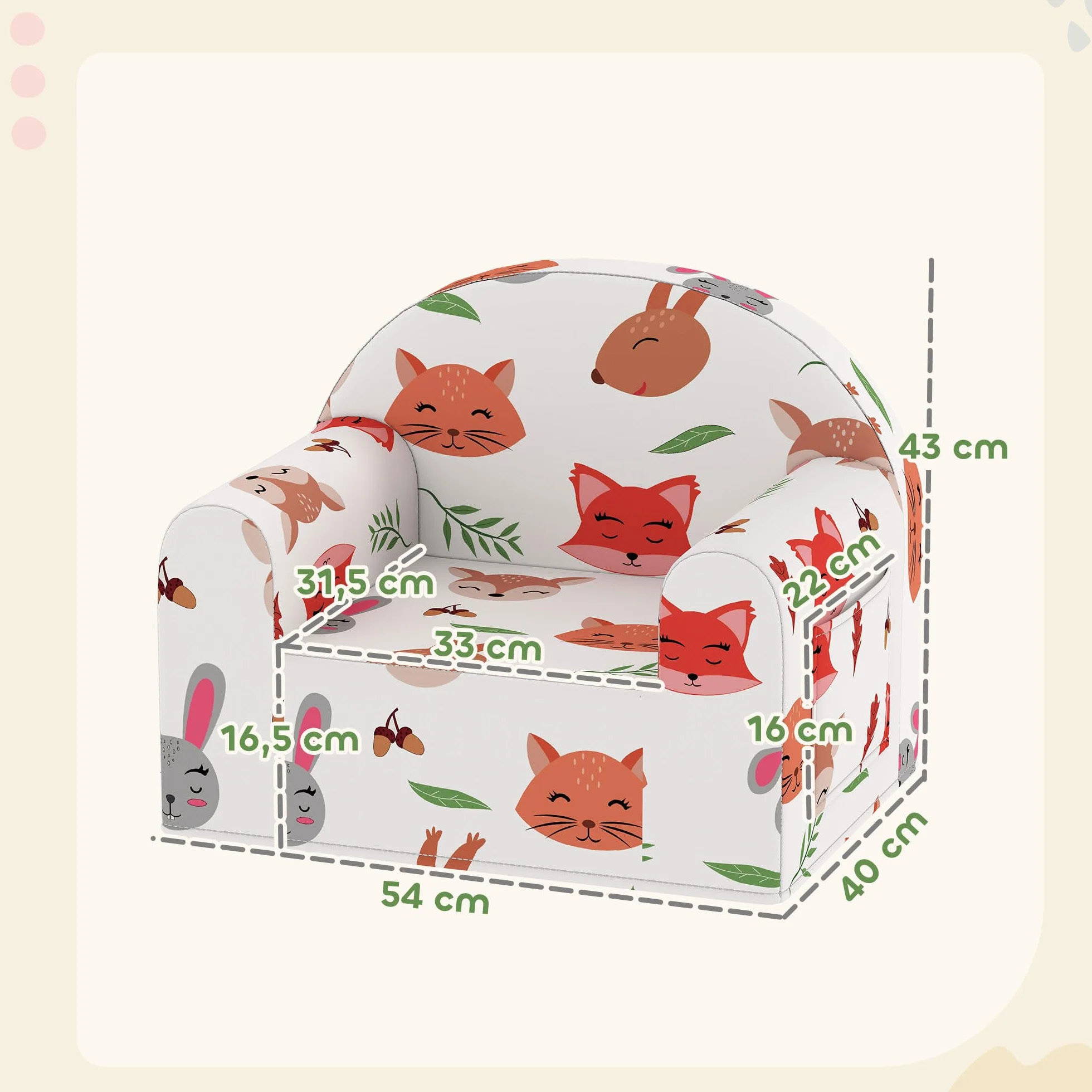 AIYAPLAY Sillón Infantil con Estampado de Zorros, Sofá para Niños 18-36 Meses, Funda Extraíble y Lavable, Carga 45 kg, Blanco