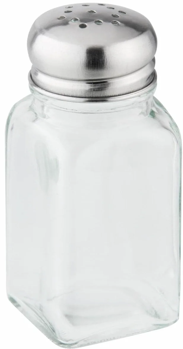 FACKELMANN Salero o pimentero cocina o mesa de cristal con tapa en acero inoxidable, capacidad de 75ml, 3,9x3,9x10cm, 1ud.