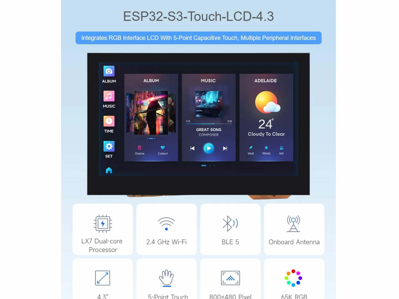 ESP32-S3 4.3inch Capacitive Touch Display Development Board with 2.4GHz WiFi BLE 5, 32-bit LX7 Dual-Core Processor, Flash PSRAM