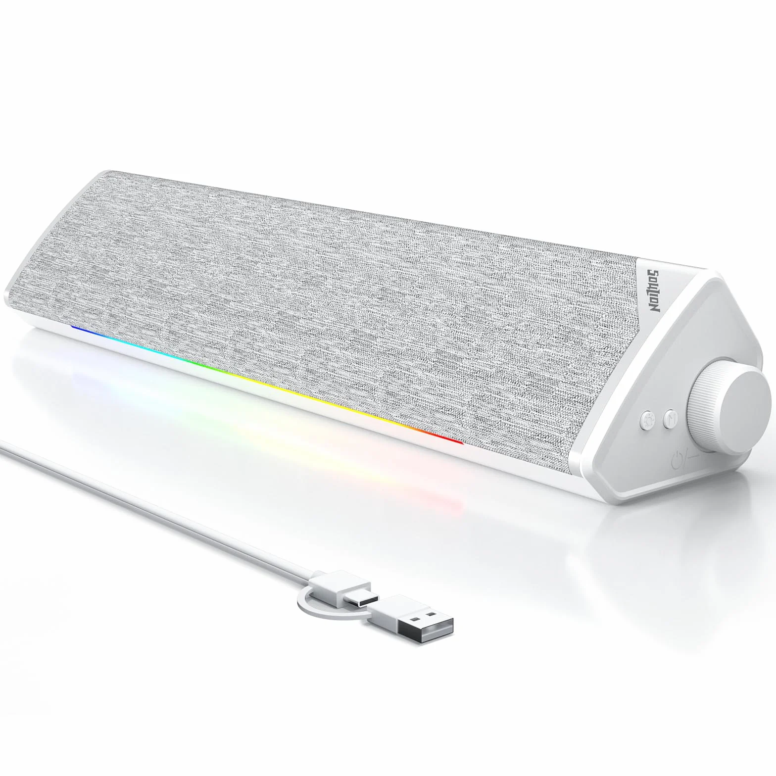 SOULION R60 Altavoz PC 12W Barra de Sonido USB Bluetooth para Gaming | Altavoces para Ordenador Portátil, Monitor, Bluetooth 5.3 , Luz LED, Alimentación por USB, con Conector de 3,5 mm Aux, Blanco