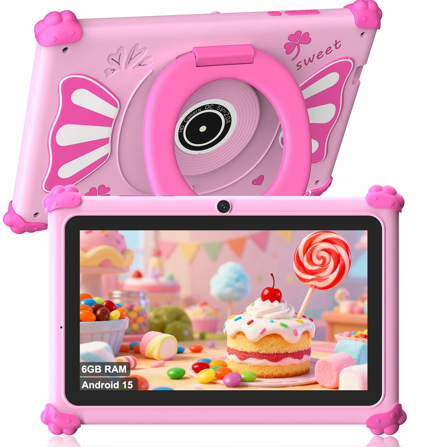 ascrecem Tablet Niños 7 Pulgadas Android 15 Tablet para Niños con 2.4G+5G WiFi6 Penta Core 6GB RAM 32GB ROM Tableta Infantil Doble Cámara 128GB Expandible Control Parental Juegos Educativos (Rosa)