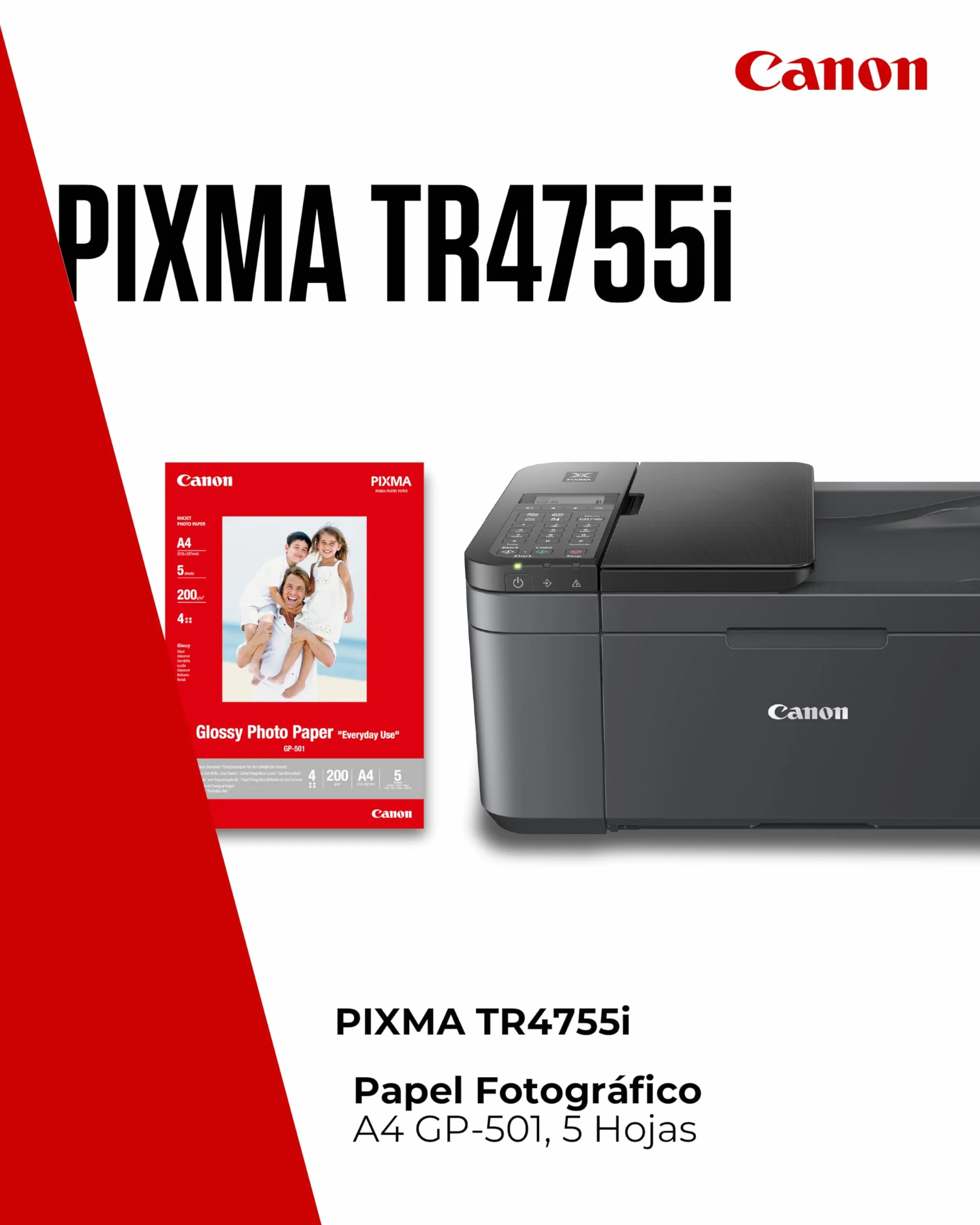 Canon Pixma TR4755i Impresora Multifunción 4 en 1, Compatible con Pixma Print Plan, Escaneo y Copia, WiFi, Impresión a Doble Cara Automática, Negro - Incluye Papel Fotográfico A4 GP-501, 5 Hojas