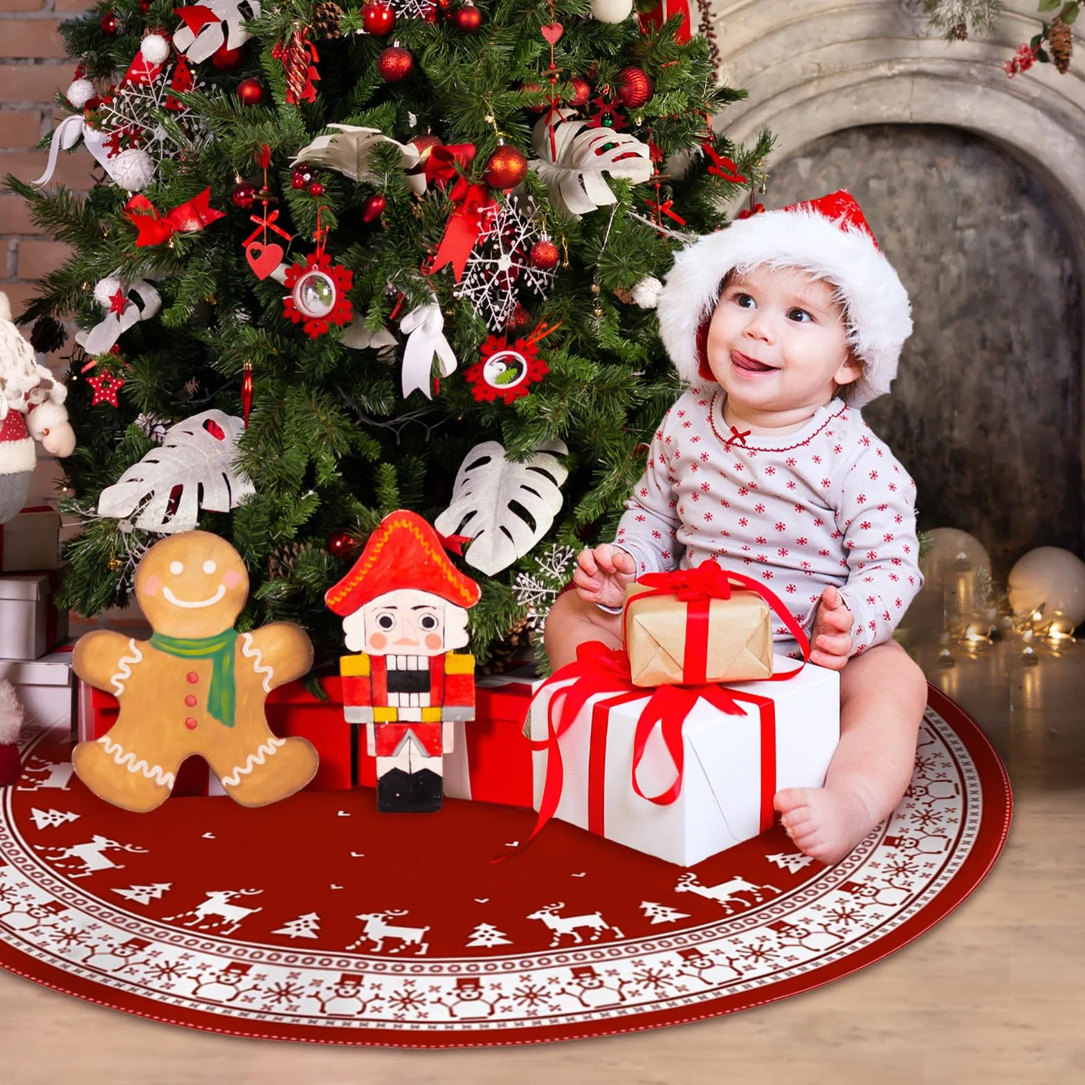 Falda de Árbol de Navidad Rojo, Felpa Cubre Pie Grande, Alfombra Redonda Navideña