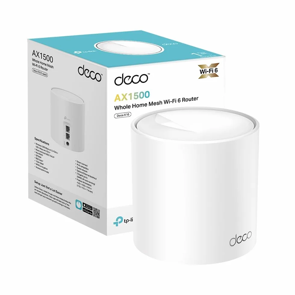 [Nuevo] TP-Link Deco X10(1-Pack)|AX1500 Whole Home Mesh Wi-Fi 6 System-Cobertura hasta 360 m2, 3X Puertos GigabIt por Unidad, Banda 160MHz Canal, ODFMA, 1024QAM, Color Blanco