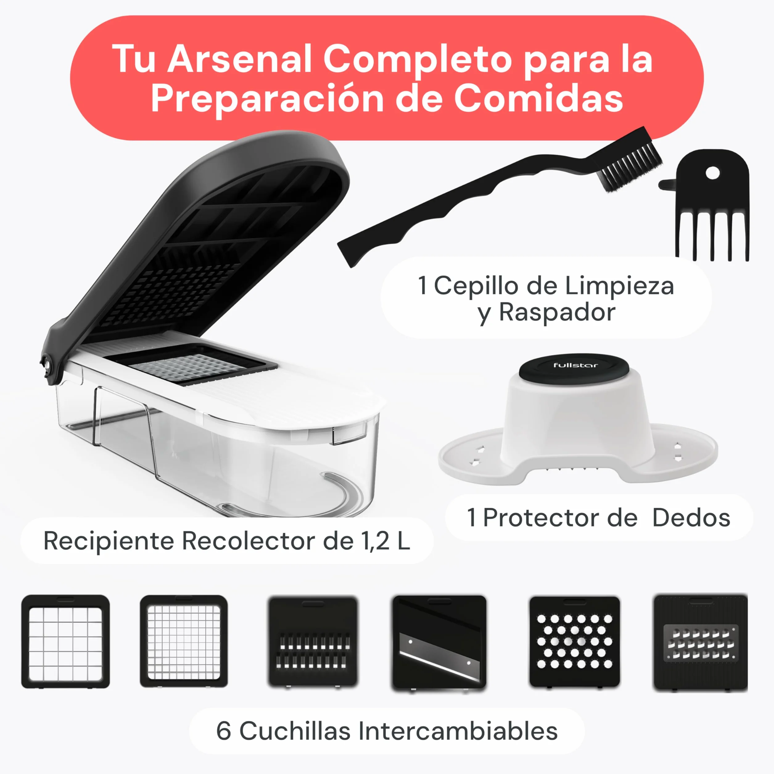 Fullstar Cortador de Verdura Mandolina Profesional 6-en-1 Blanco - Rallador Picadora Manual para Cebolla Pepino Patatas Queso