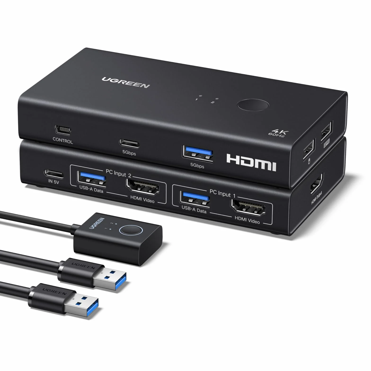 UGREEN Switch KVM HDMI 2.0 2 Entradas 1 Salidas 4K 60 Hz Conmutador KVM para 2 pc con 4 puertos USB 3.0 5Gbps para Teclado Ratón Disco Duro Controlador de Escritorio compatible con Windows Linux macOS
