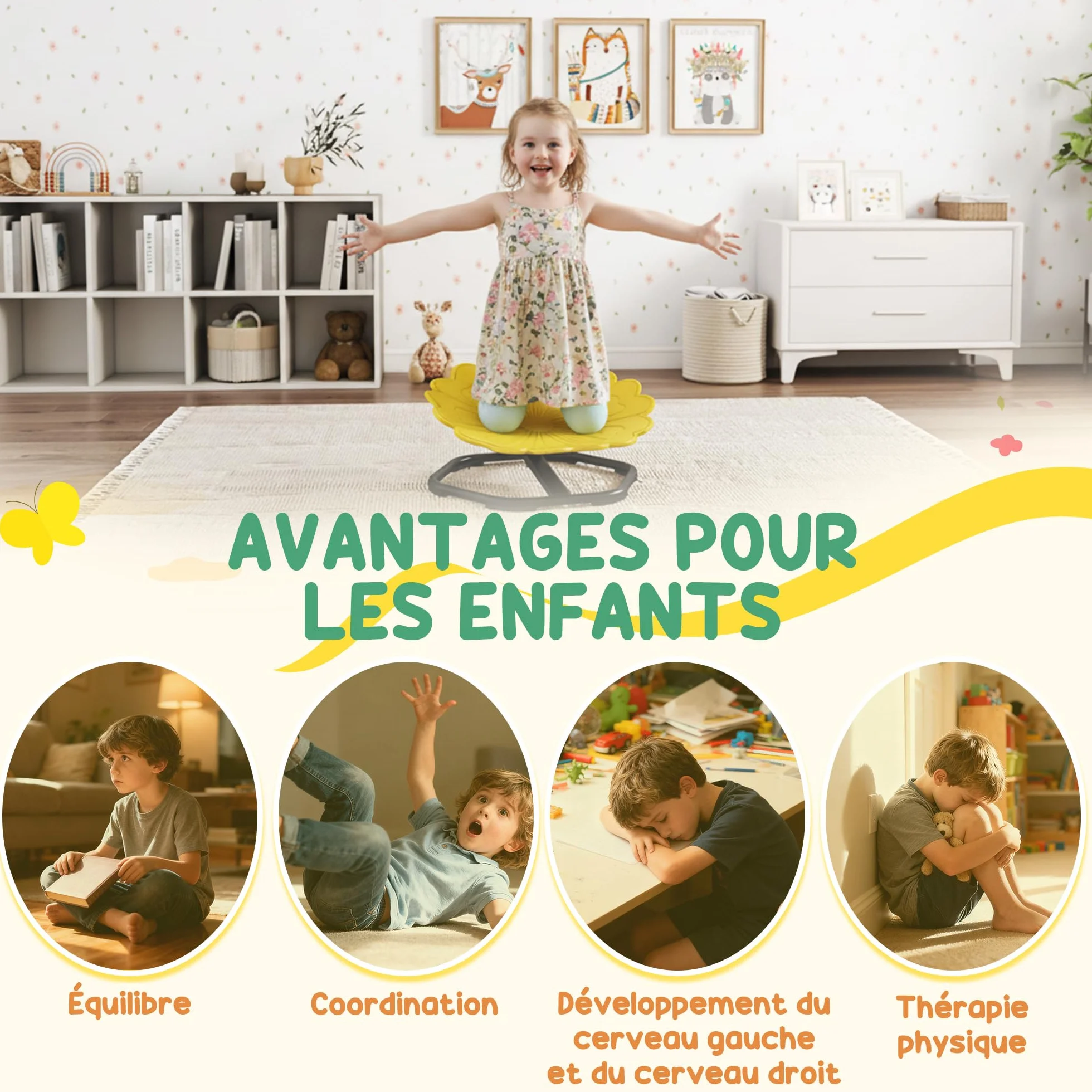 AIYAPLAY Silla giratoria sensorial 360° en forma de flor para autismo, entrenamiento equilibrio, base acero antideslizante, amarillo