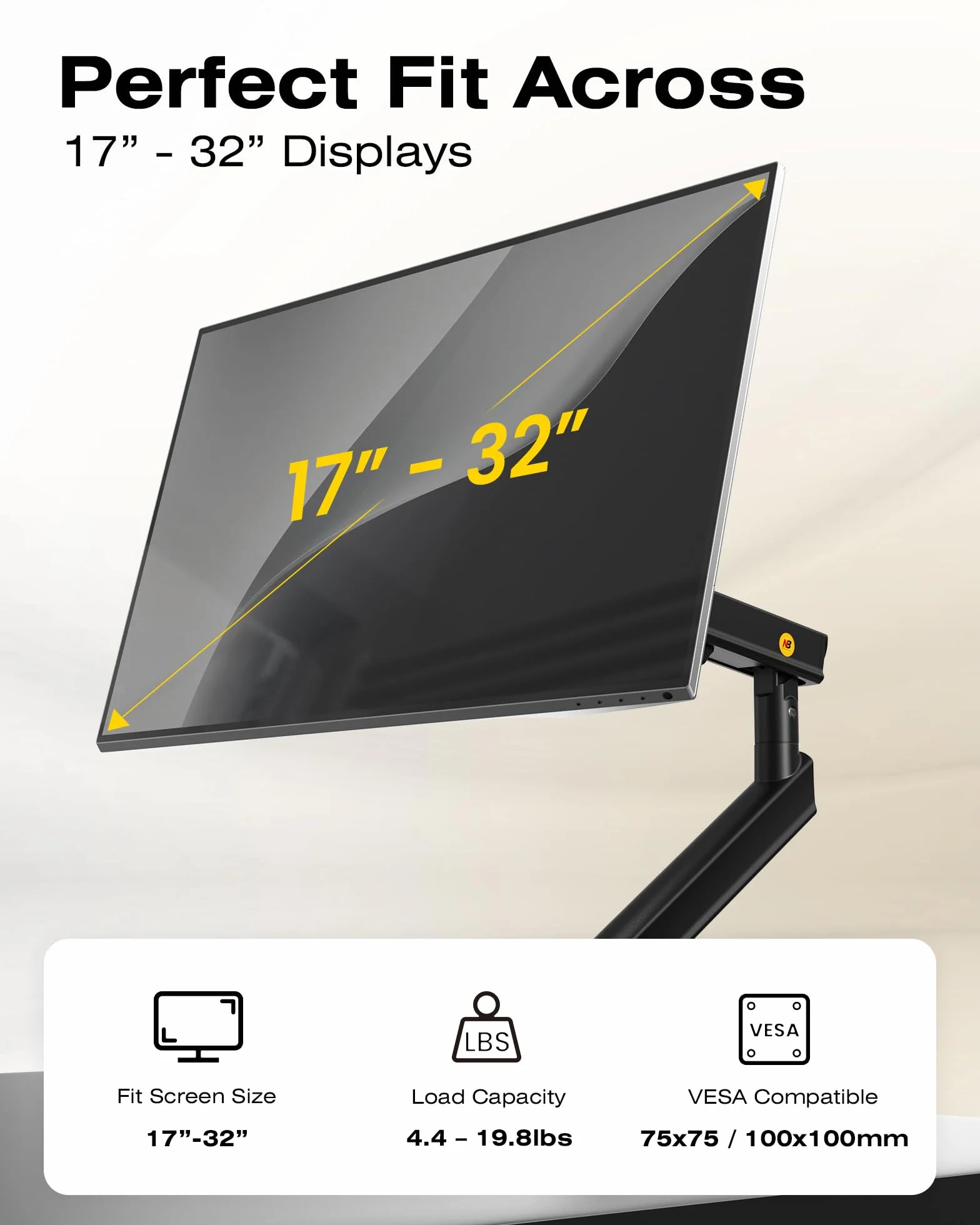 NB Ergonomic Brazo de Monitor para monitores de 17 a 32 Pulgadas, Carga de Montaje de Resorte mecánico de hasta 9 kg, VESA 75/100 mm, Montaje para Monitor A5 (Negro)