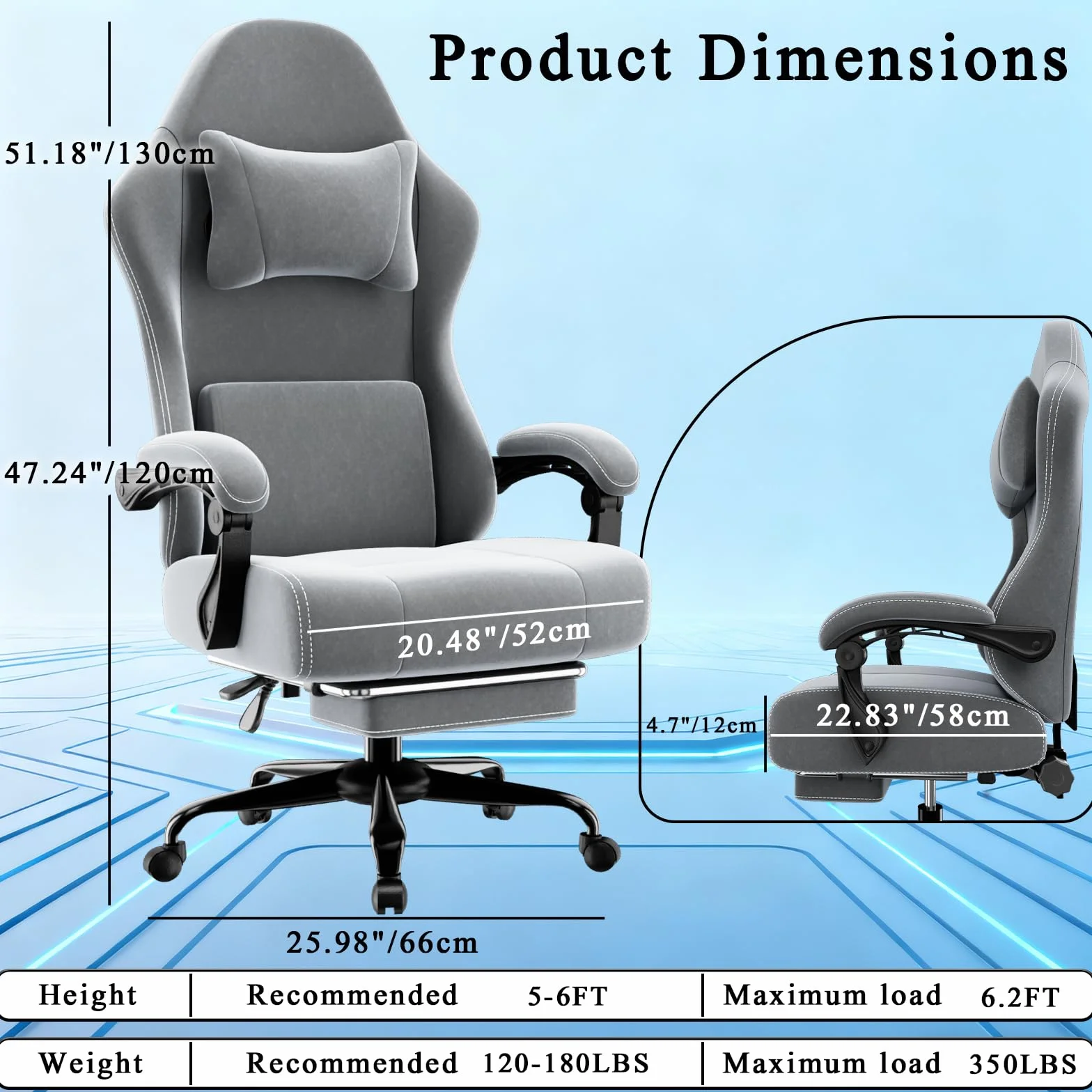 Silla Gaming Ergonómica con Muelles Ensacados, Reposapiés y Cojín Lumbar Ajustable, Gris Claro, Tamaño Grande