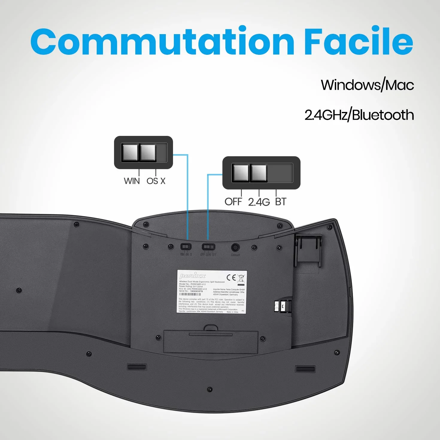 Perixx PERIBOARD-612, gran teclado ergonómico inalámbrico, conexión de 2,4 GHz y Bluetooth 4.0 para Windows y Mac – negro, AZERTY