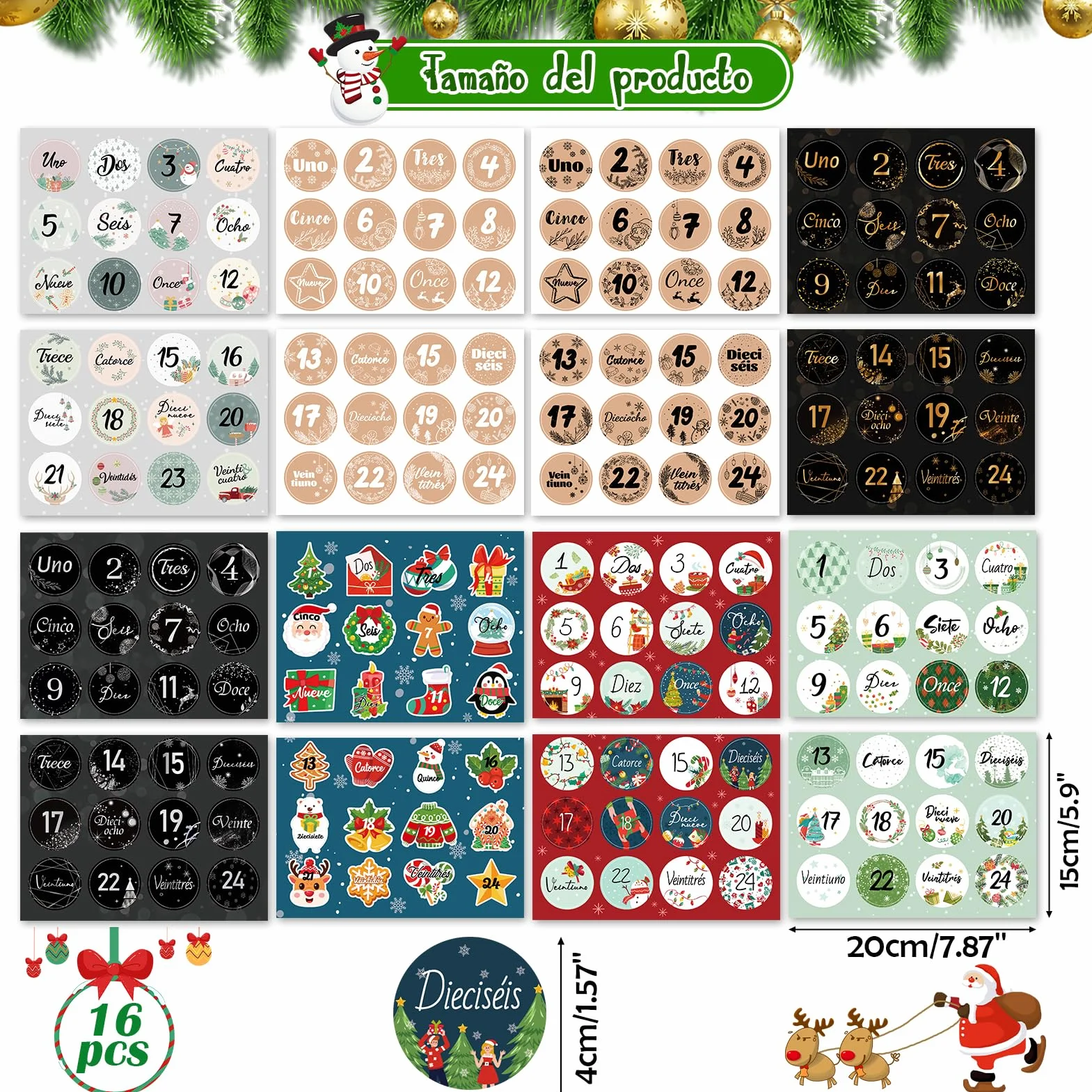 Calendario de Adviento Pegatinas 1-24 Números Autoadhesivas Navidad Decoración