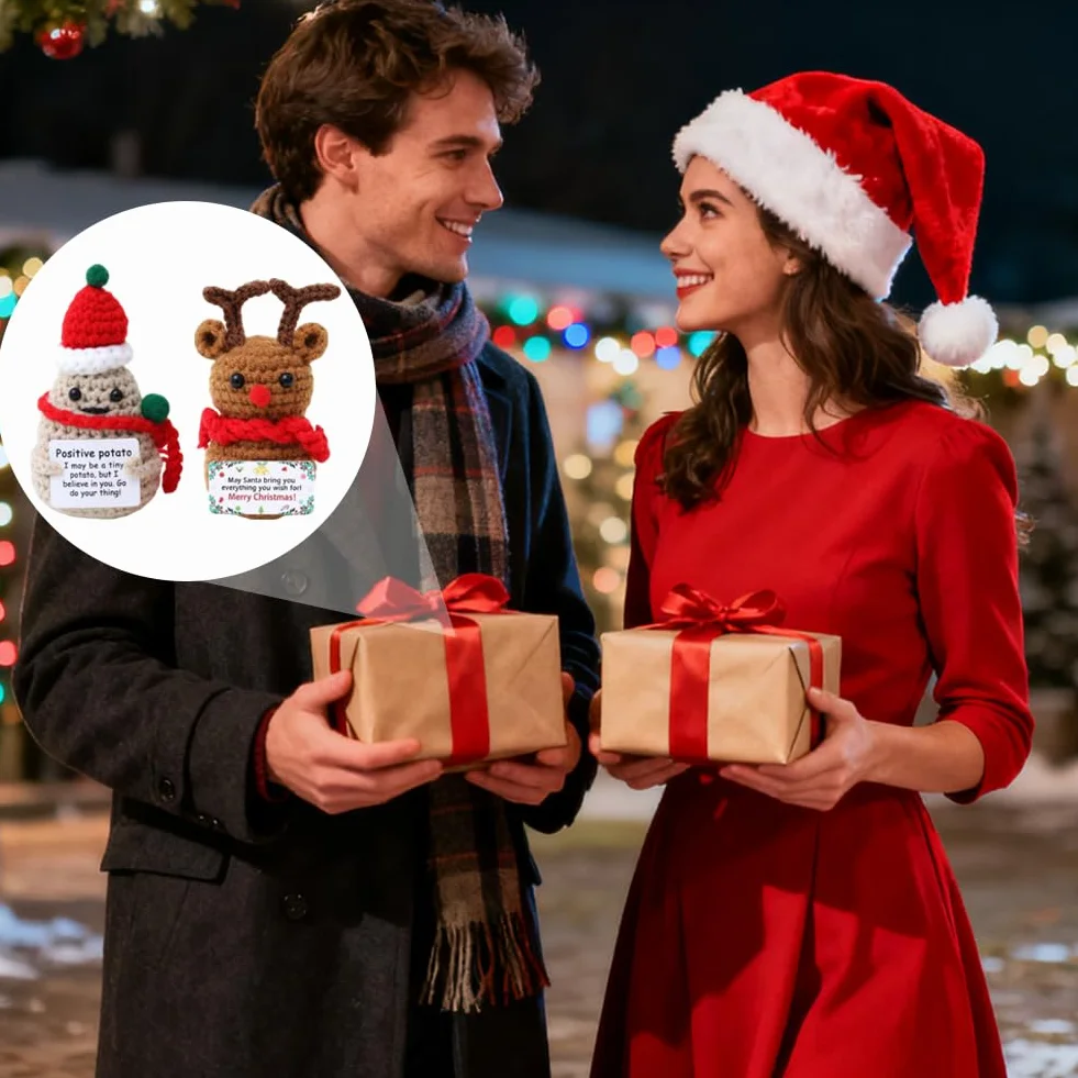 Alce de patata de ganchillo, divertido juguete de punto con tarjeta positiva, decoración de Navidad