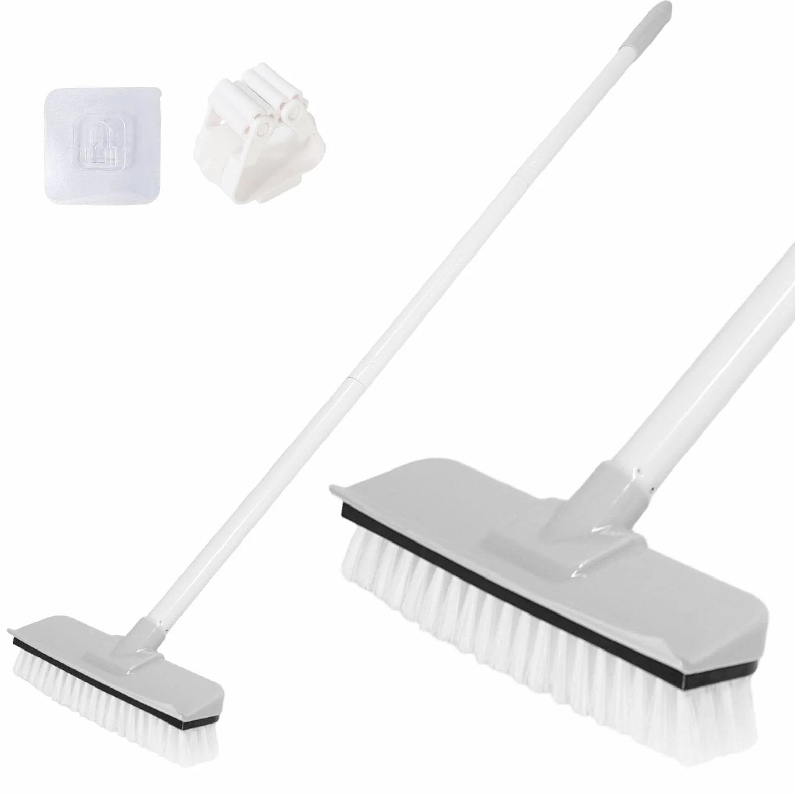 Cepillo de Limpieza de Suelo con Mango Largo, 2-en-1 Escoba de Limpieza de Baño de Cerdas Rígidas con Escobilla de Goma para Limpiar Azulejos, Cocina, Baño, Terraza, con Cepillo Limpia Juntas