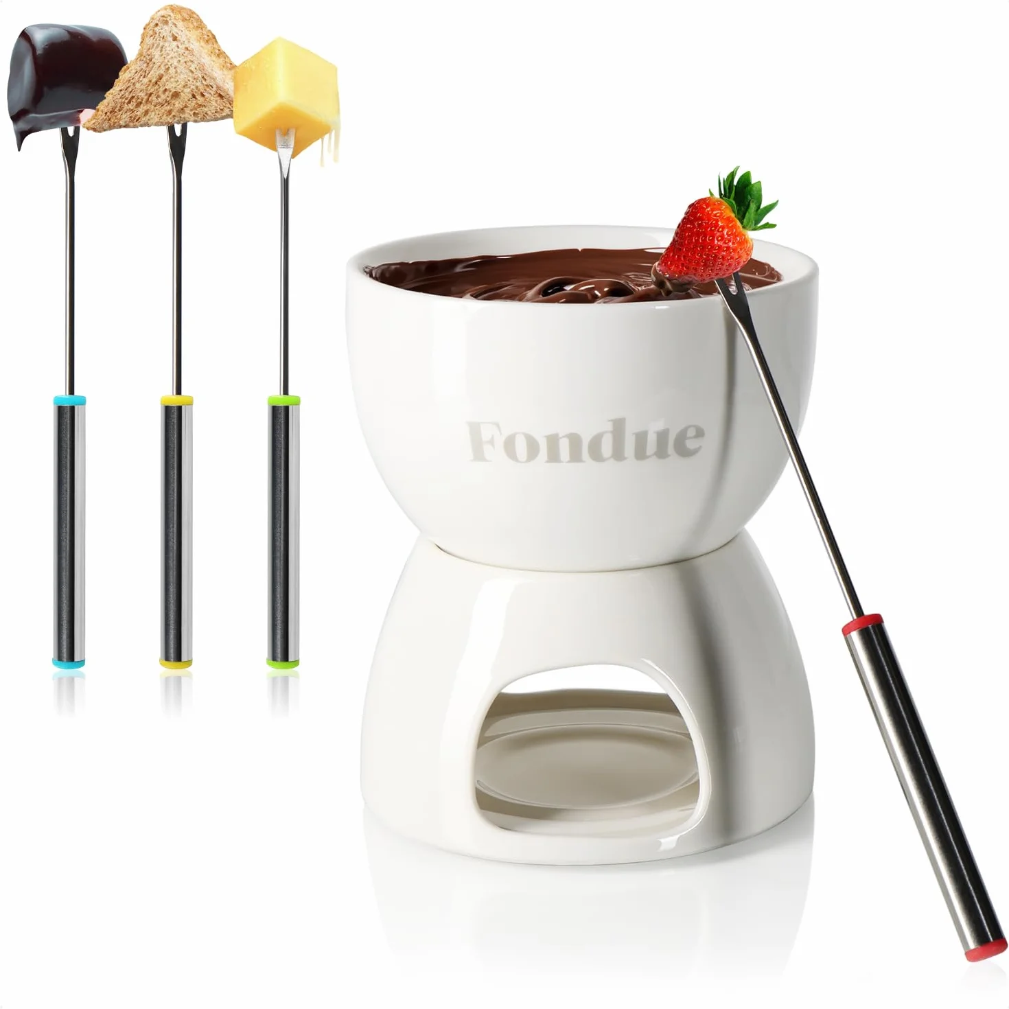 COM-FOUR® Juego de fondue de chocolate premium - cuenco de cerámica con portavelas y 4 tenedores - crisol para chocolate y queso - crisol - cuenco de postre para 4 personas (blanco)