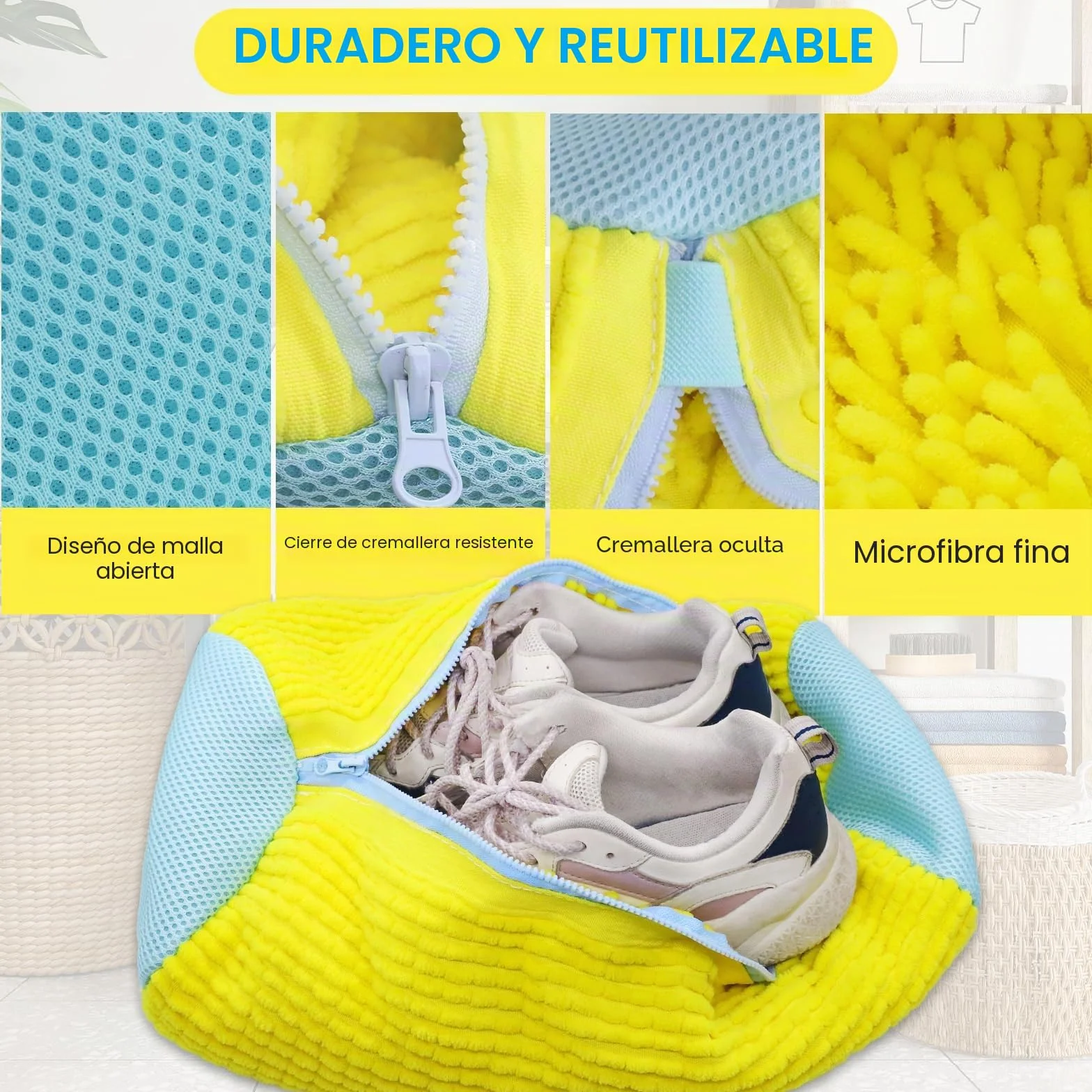 Bolsas para Lavar Zapatillas en Lavadora, Reutilizable Malla 360° con Cremallera, Funda para Zapatos, Amarillo