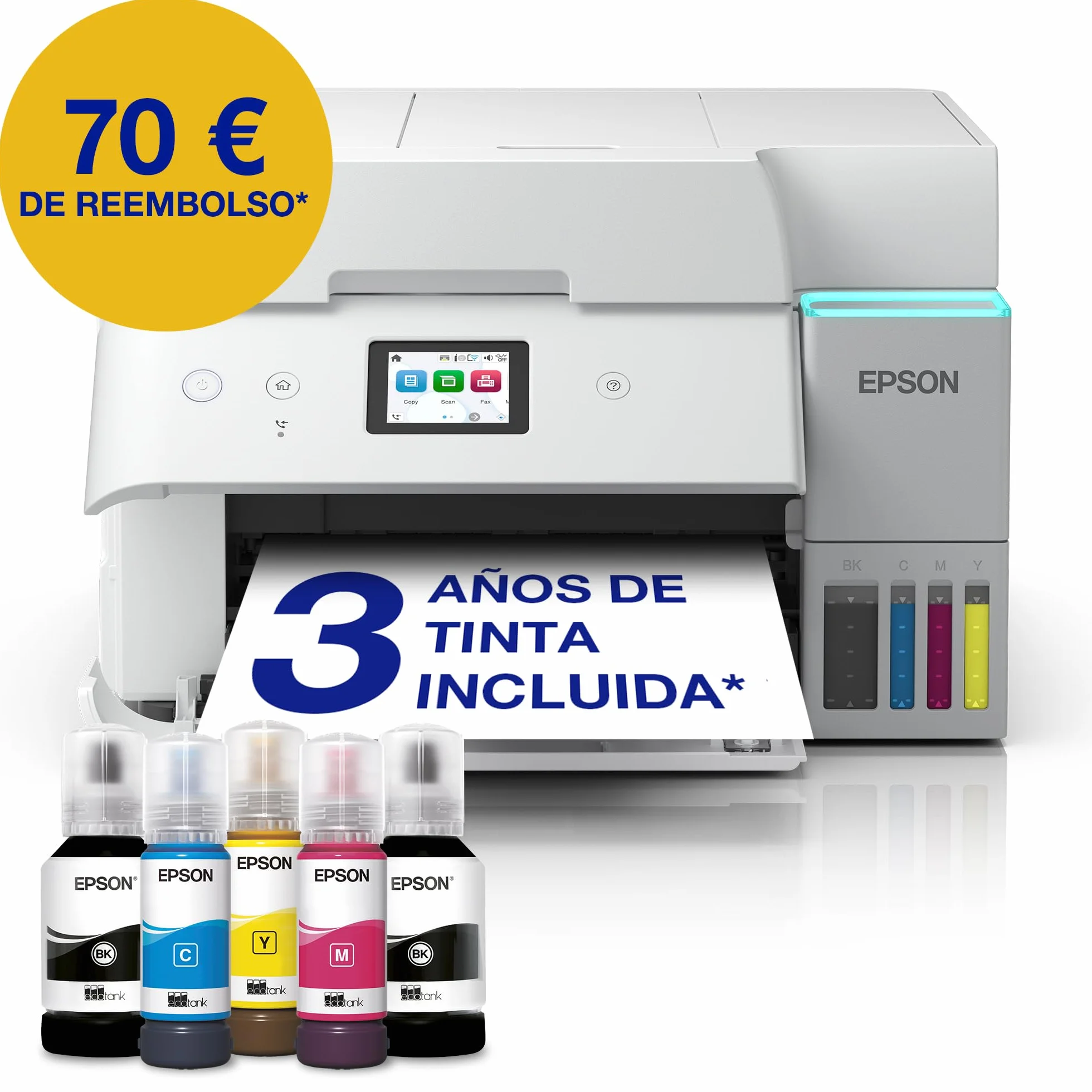 Epson EcoTank ET-4956 Impresora de Depósito de Tinta | Teletrabajo | Wi-Fi, Ethernet | A4 | Doble Cara | Imprimir, Copiar, Escanear, Fax | Pantalla Táctil 6,1cm | ADF | Tinta Incluida para 3 Años