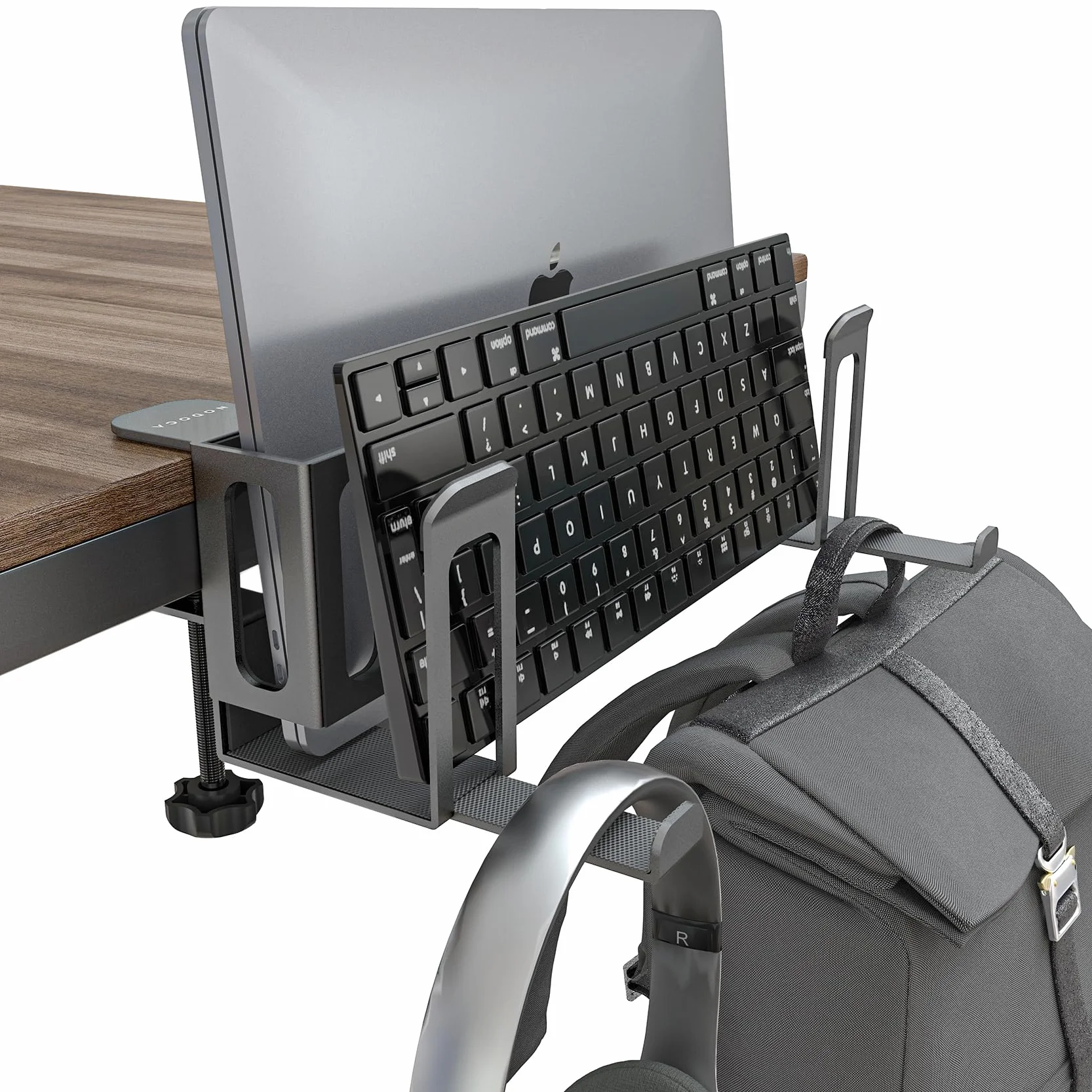 NODOCA Almacenamiento vertical para laptop de 2 ranuras, soporte vertical para laptop, con soporte para auriculares, almacenamiento lateral de escritorio, estante de almacenamiento para laptop para