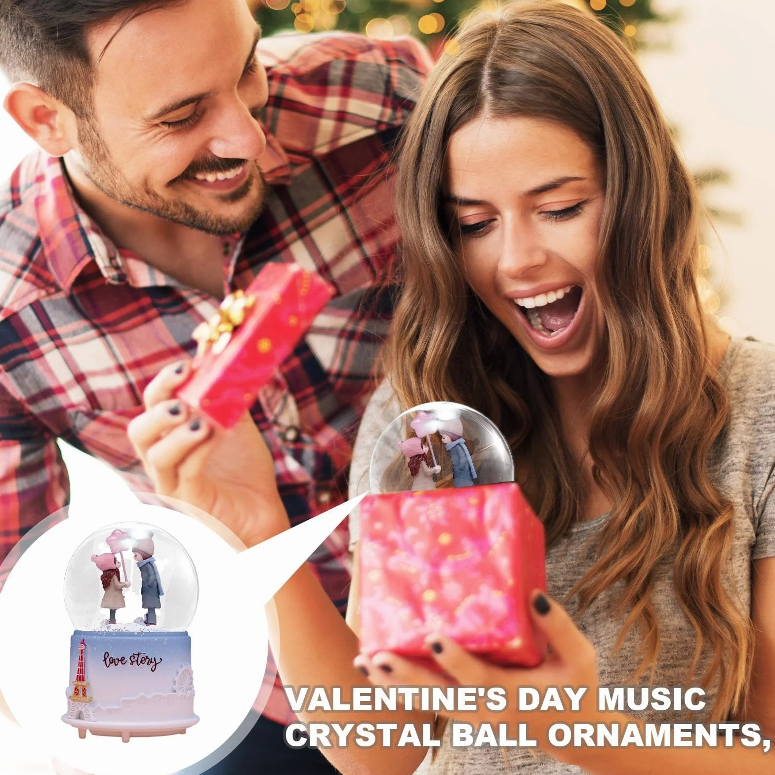 Caja de música de globo de nieve de San Valentín iluminada, bola de cristal musical para pareja, regalo romántico