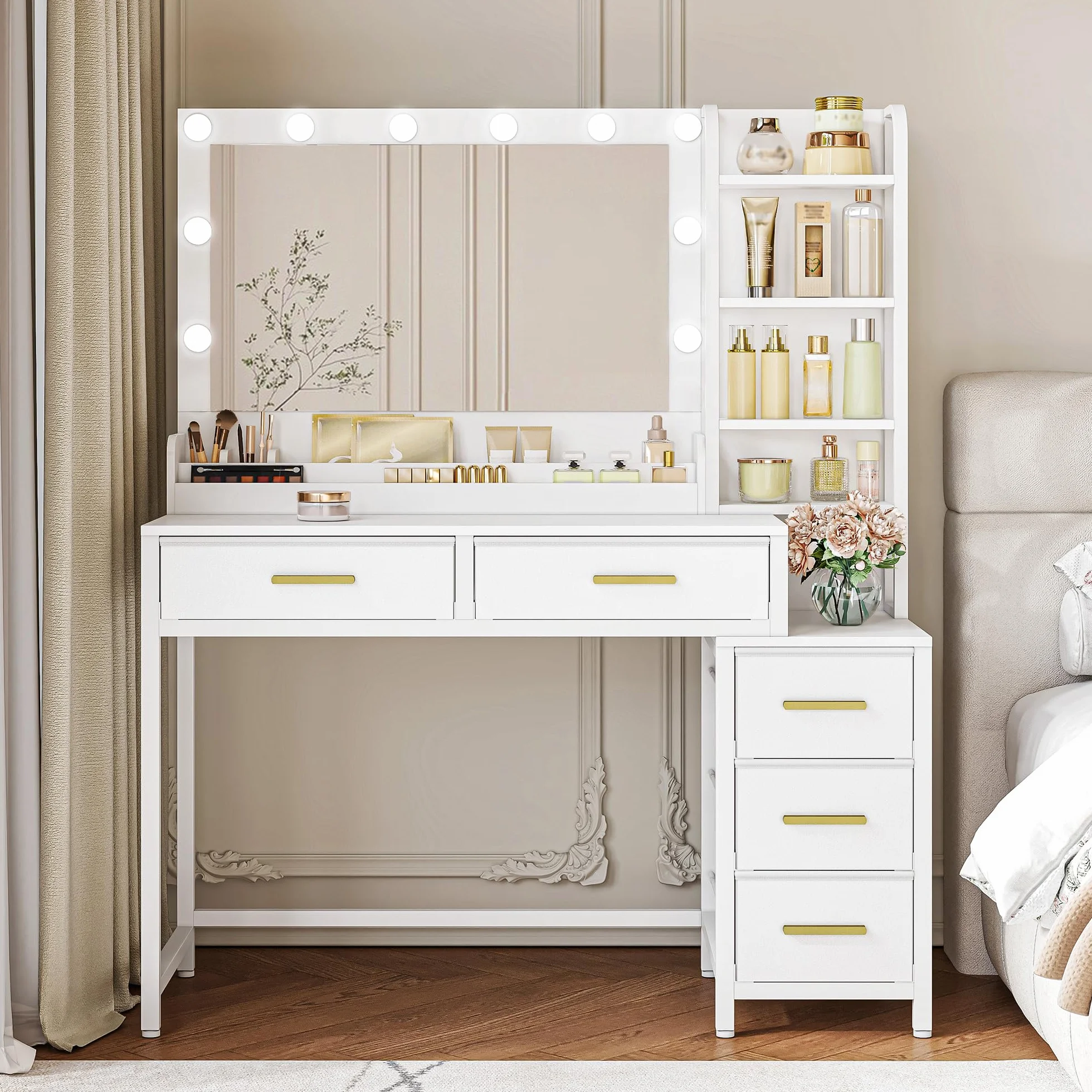 HEXCELEN Tocador de Maquillaje con Luz LED 110 cm, 3 Colores Brillo Ajustable, Espejo Grande, 5 Cajones, Blanco