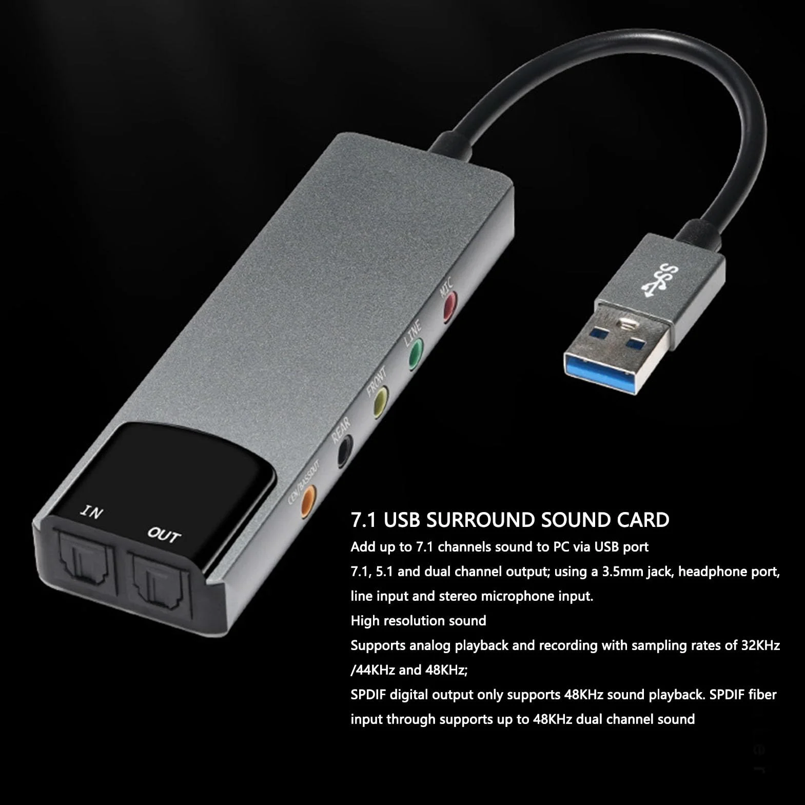 CCYLEZ Tarjeta de Sonido Envolvente USB 7.1 para PC, Tarjeta de Sonido USB Externa con Digital SPDIF 7.1 Canales, Adaptador de Sonido para Computadora Portátil, Escritorio, Juegos,