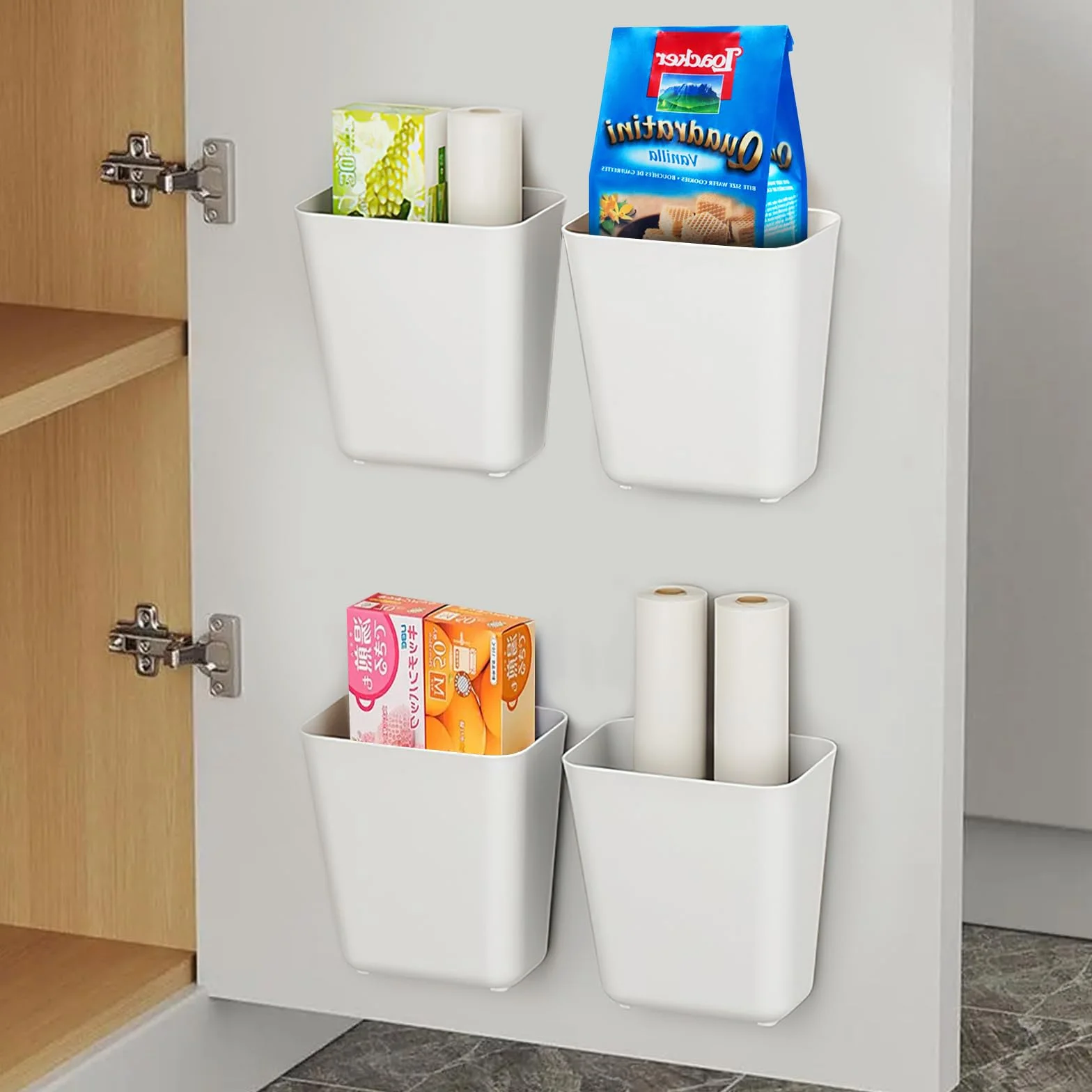 Zikenis 4 Piezas cajas de almacenamiento autoadhesivas para montar en la pared,organizador de artículos pequeños, Caja De Almacenamiento De Puerta De Cocina,para gabinete,baño, refrigerador