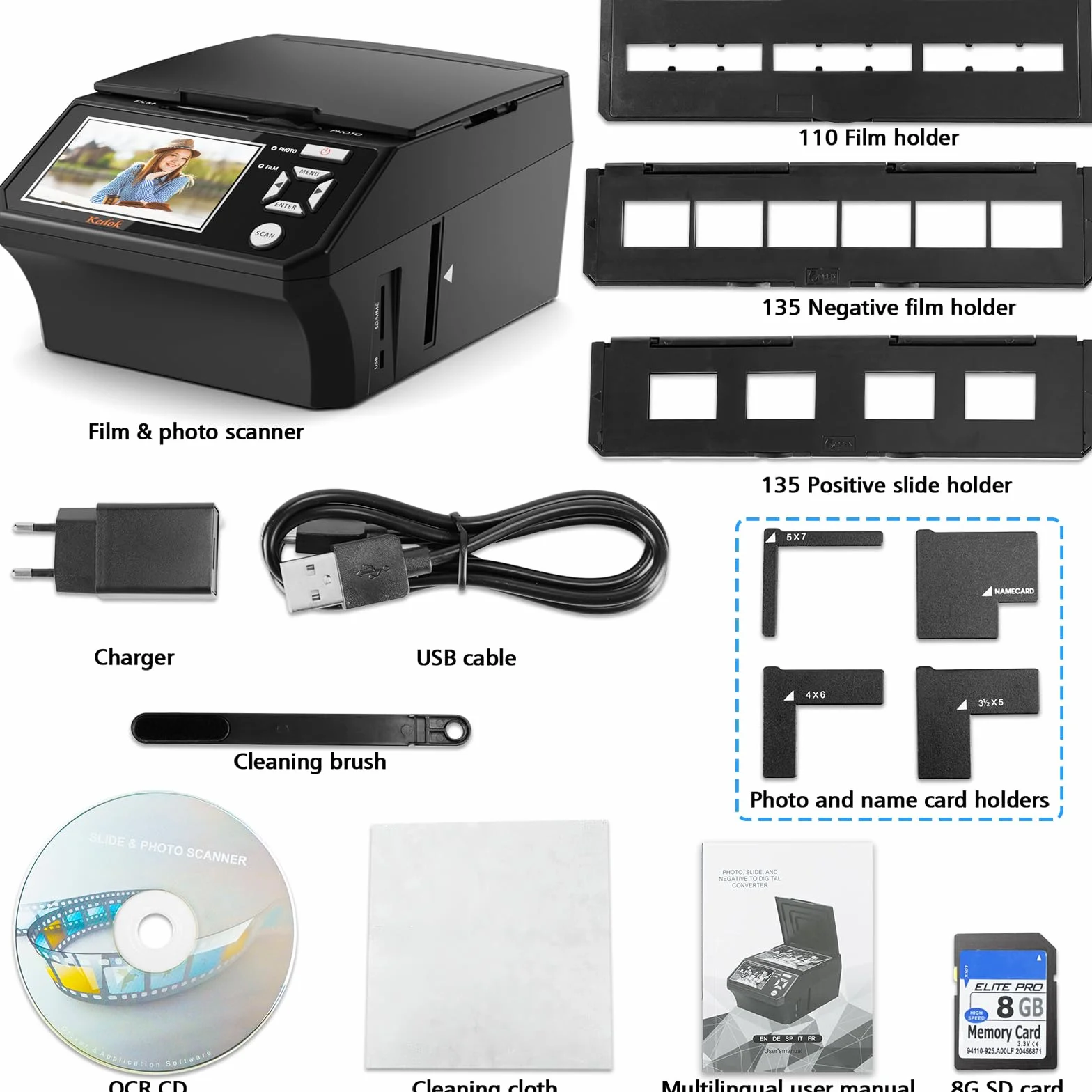 Escáner Digital de película y Diapositivas, con Pantalla LCD de 5 Pulgadas, Convierte películas, Fotos y Tarjetas de Visita de 35 mm y 110 mm en Tarjeta SD de Alta resolución JPEG de 22 MP de 8 GB