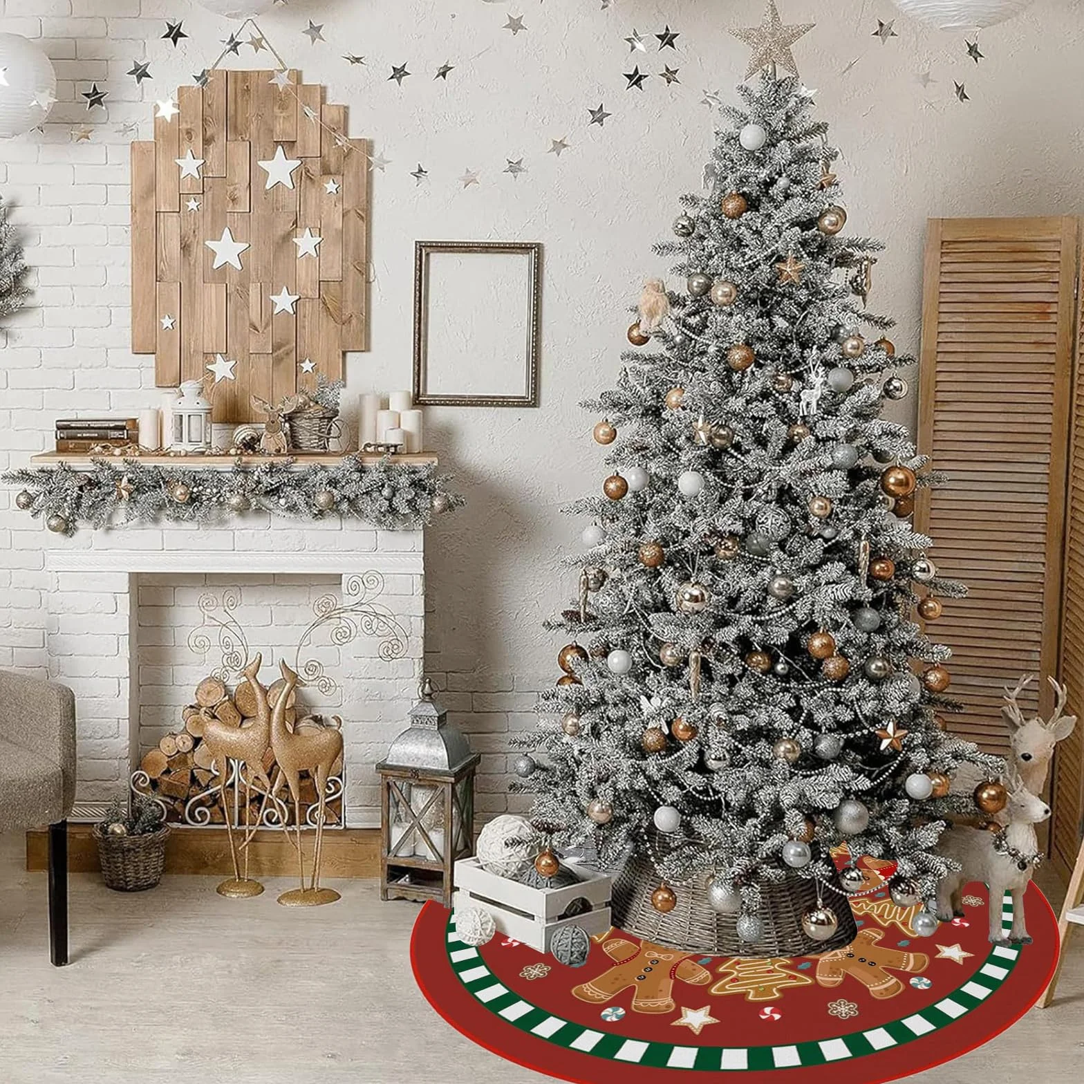 Falda de Árbol de Navidad 90cm Reno Redonda Base Manta Pie Decoración Muñecos de Jengibre
