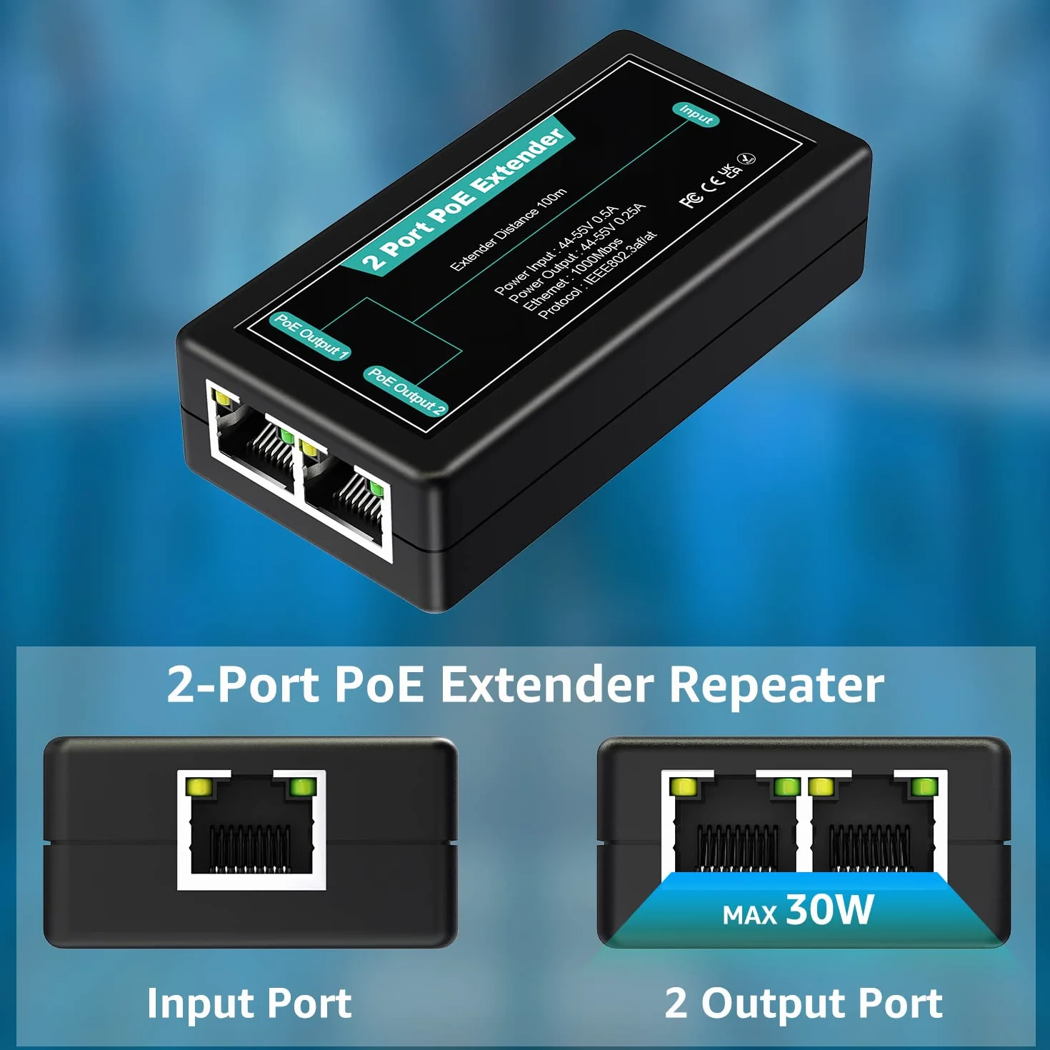 Extensor PoE Gigabit de 2 Puertos VIMIN, Repetidor PoE para Interiores 1 en 2 Salidas Compatible con IEEE802.3af/at con 1000 Mbps, Extensión Adicional de 100 m de Potencia y Transmisión de Datos