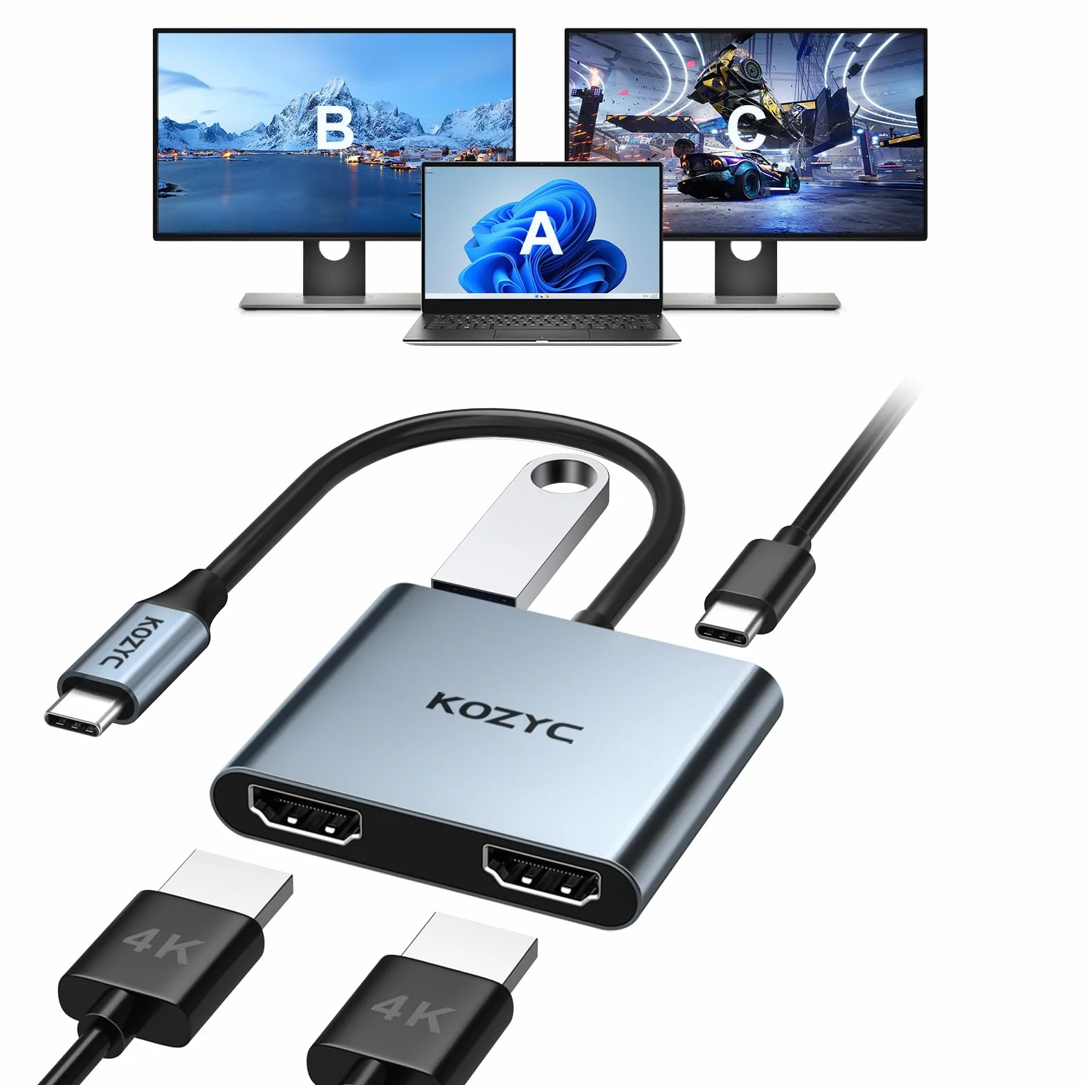 KOZYC Adaptador USB C a HDMI Dual 4 en 1 - Hub Con 2 HDMI 4K, USB 3.0, 100W PD - Compatible Con MacBook Pro Air (Soporte MST Solo Para Windows)