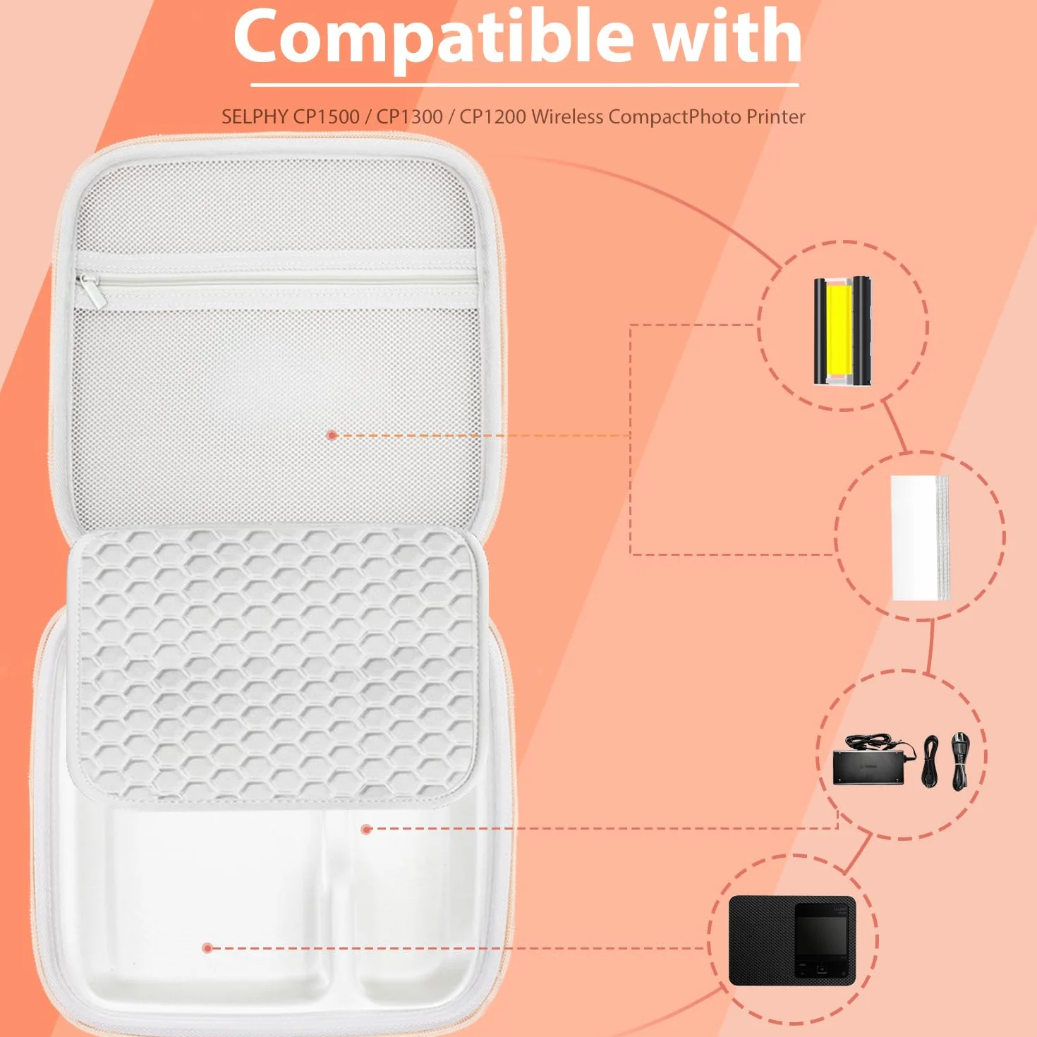 CRTBOTW Carcasa rígida compatible con impresoras fotográficas Canon Selphy CP1500/CP1300/CP1200 con acabado de poliuretano, para almacenar impresoras, baterías, cartuchos de tinta, papel fotográfico