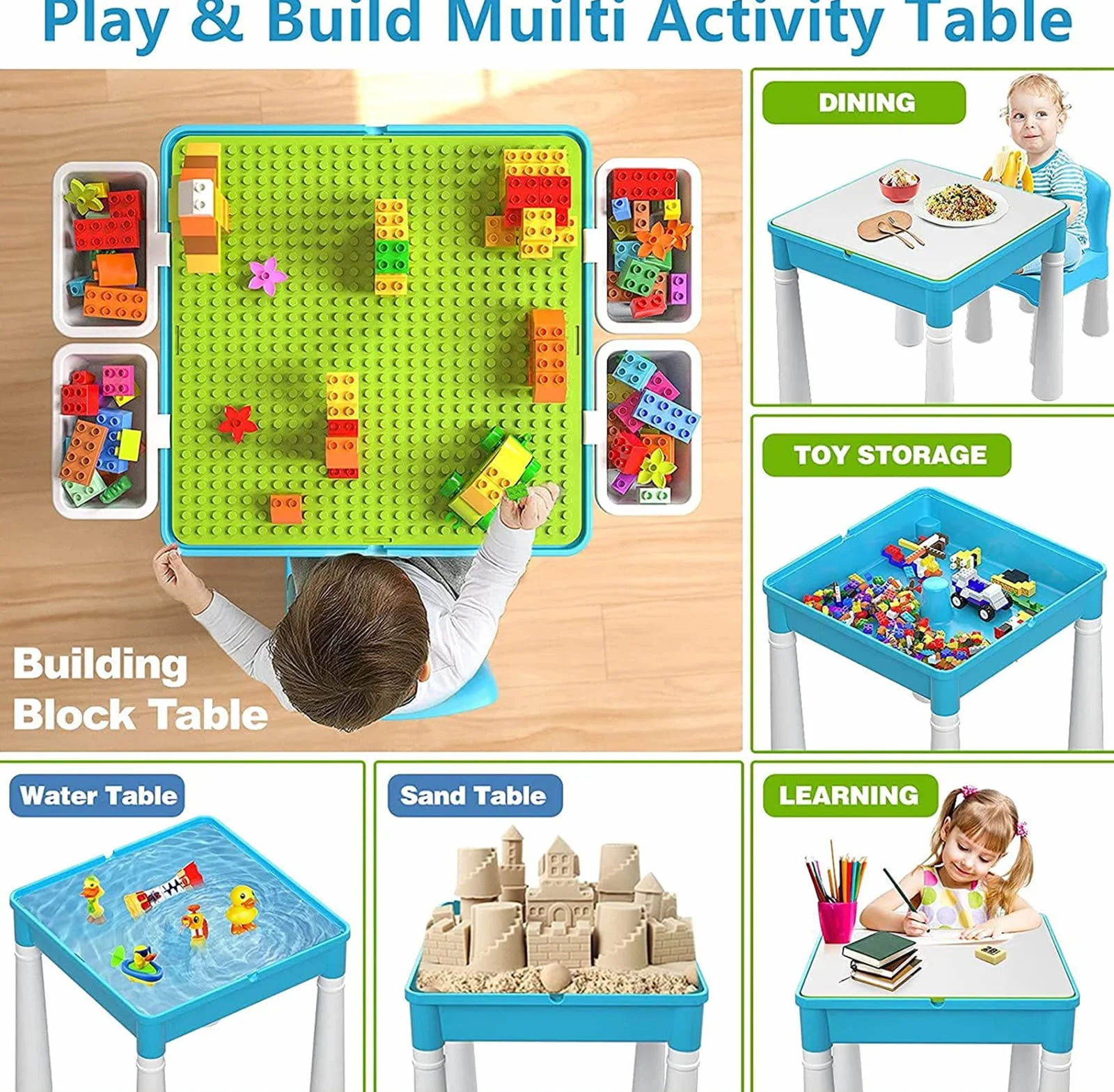 Burgkidz Juego de Mesa 5 en 1 Construcción 128 Piezas Bloques Grandes Mesa y Silla Infantil Azul